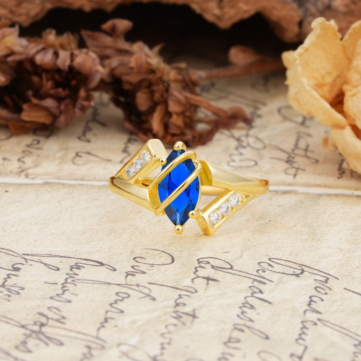 Uniquely Luxurious, Wrapped-Setting, 2-Prong Marquise Cut Sapphire Engagement Ring - Additional view