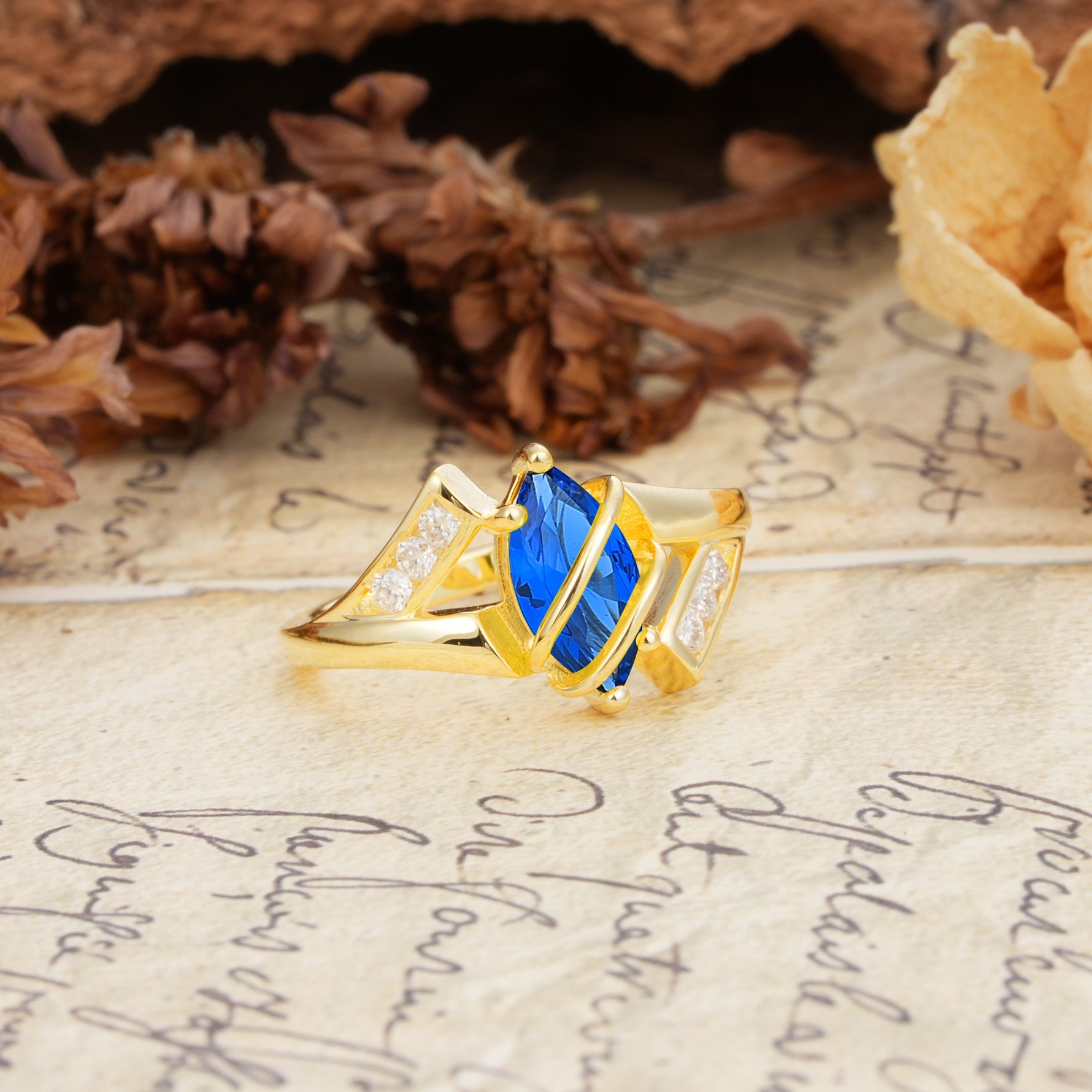 Uniquely Luxurious, Wrapped-Setting, 2-Prong Marquise Cut Sapphire Engagement Ring - Additional view