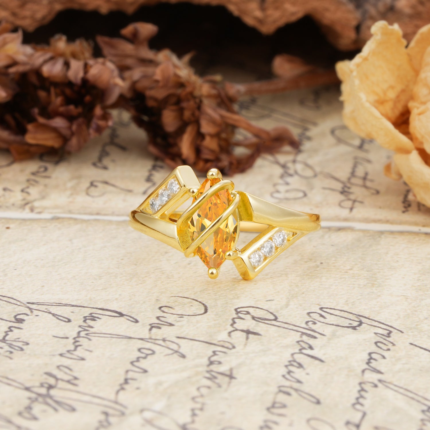 Uniquely Luxurious, Wrapped-Setting, 2-Prong Marquise Cut Citrine Engagement Ring - Additional view