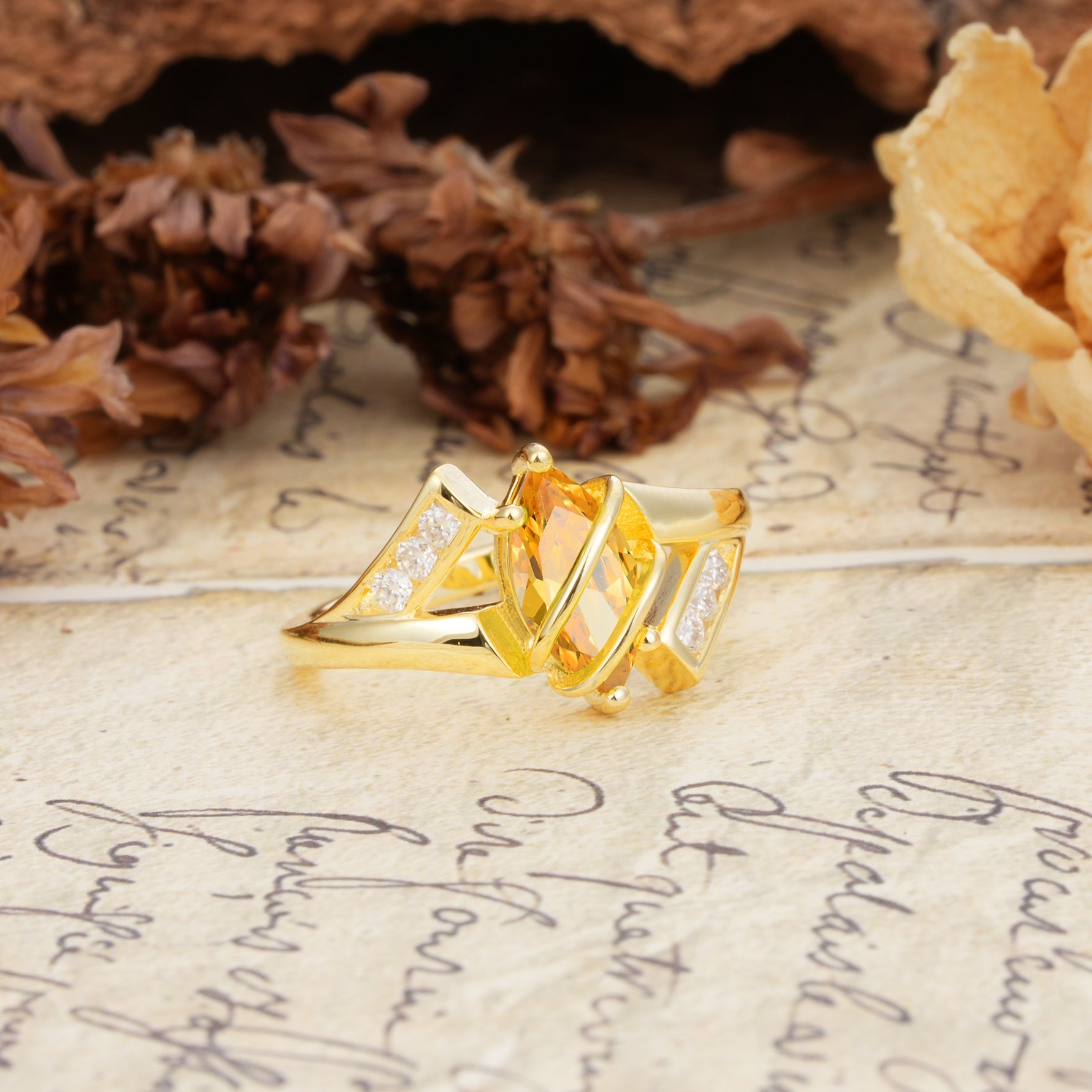 Uniquely Luxurious, Wrapped-Setting, 2-Prong Marquise Cut Citrine Engagement Ring - Additional view
