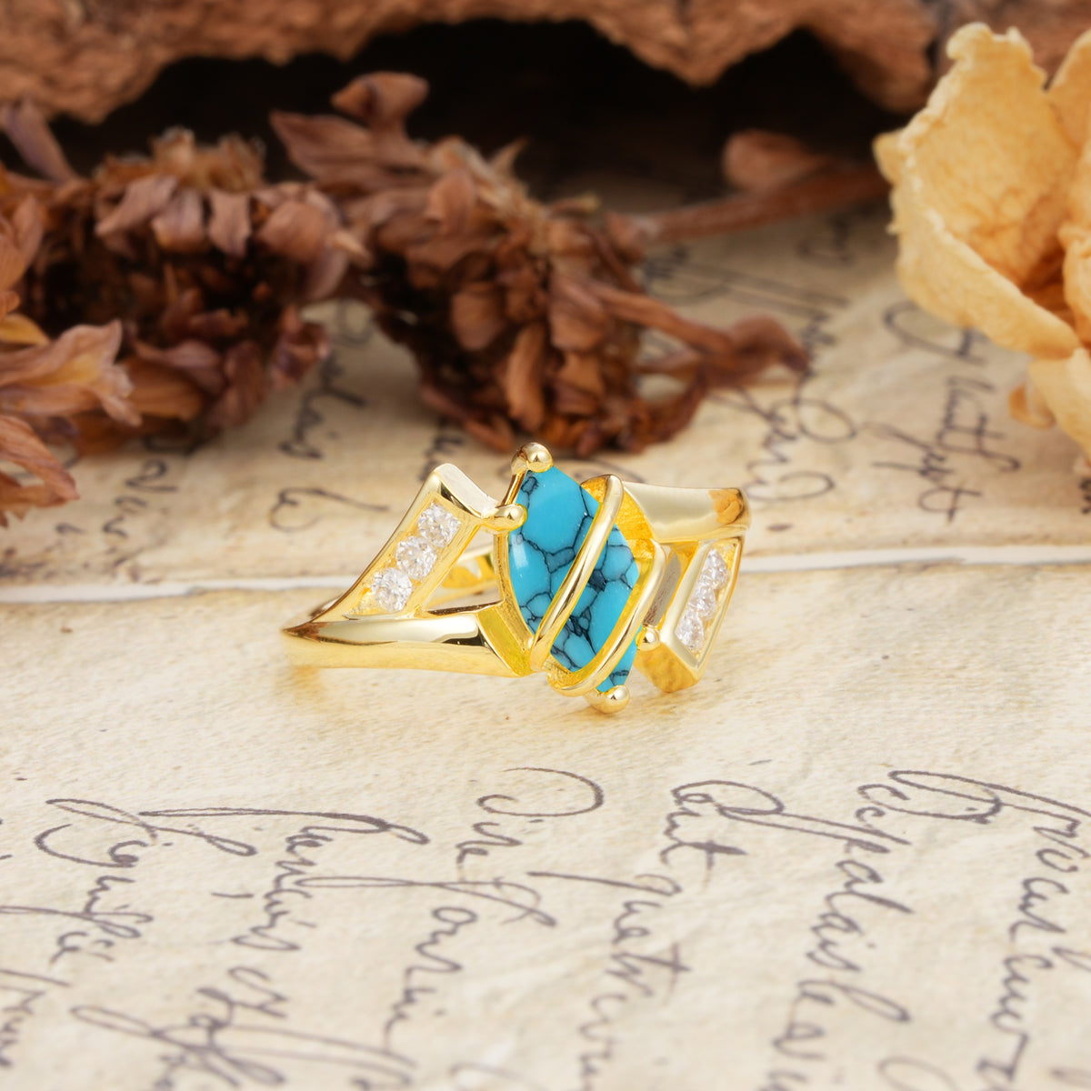 Uniquely Luxurious, Wrapped-Setting, 2-Prong Marquise Cut Turquoise Engagement Ring - Additional view
