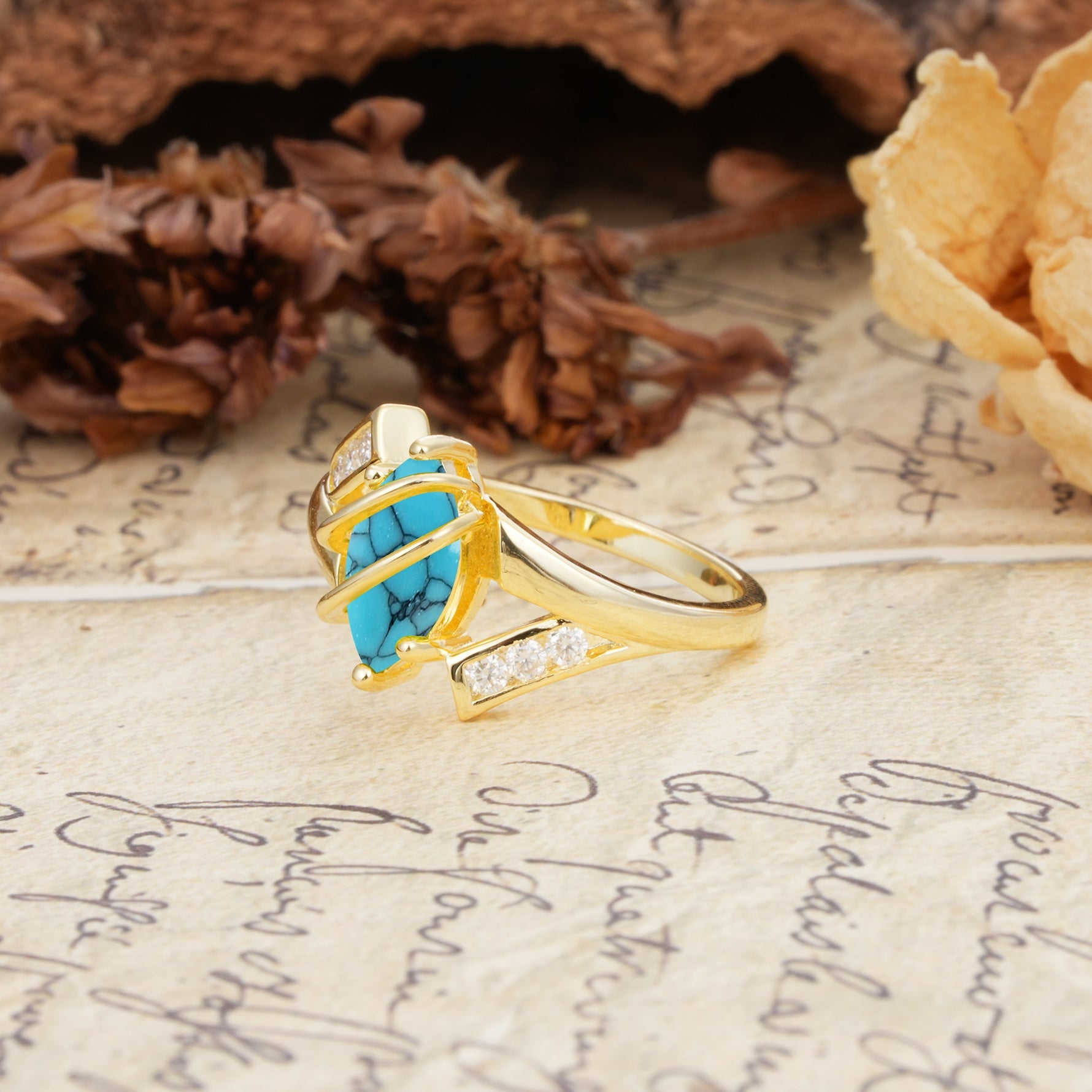 Uniquely Luxurious, Wrapped-Setting, 2-Prong Marquise Cut Turquoise Engagement Ring - Additional view
