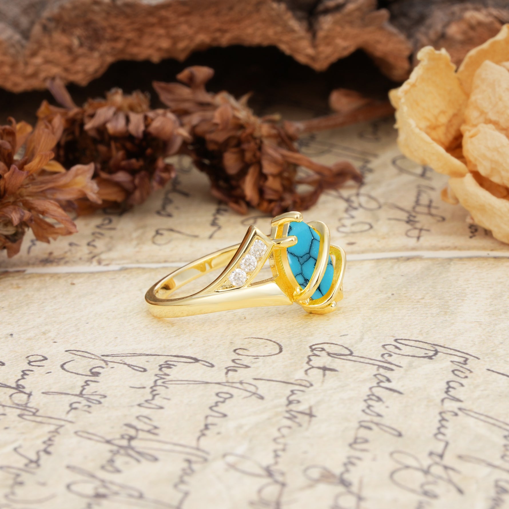 Uniquely Luxurious, Wrapped-Setting, 2-Prong Marquise Cut Turquoise Engagement Ring - Additional view
