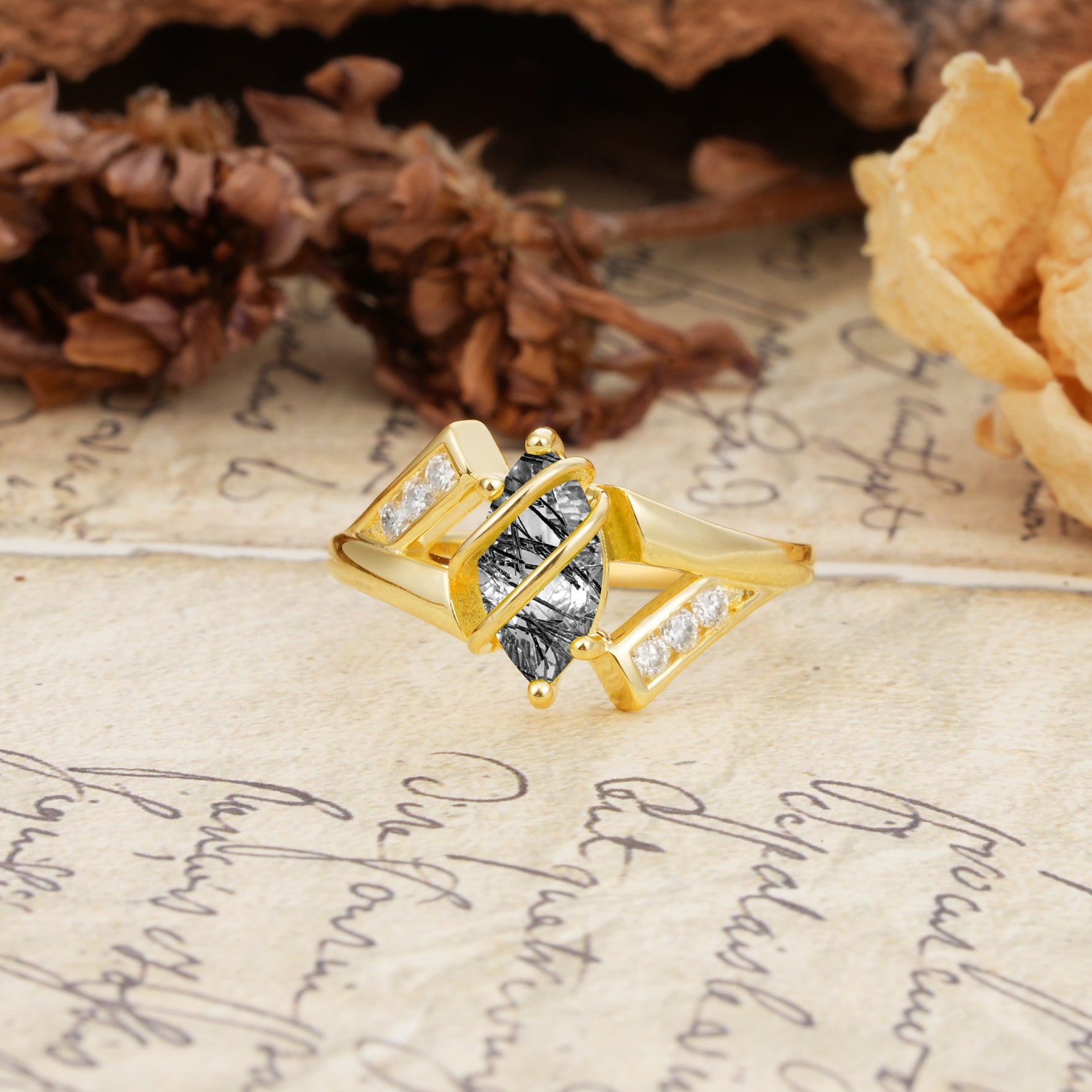 Uniquely Luxurious, Wrapped-Setting, 2-Prong Marquise Cut Black Rutilated Quartz Engagement Ring - Additional view