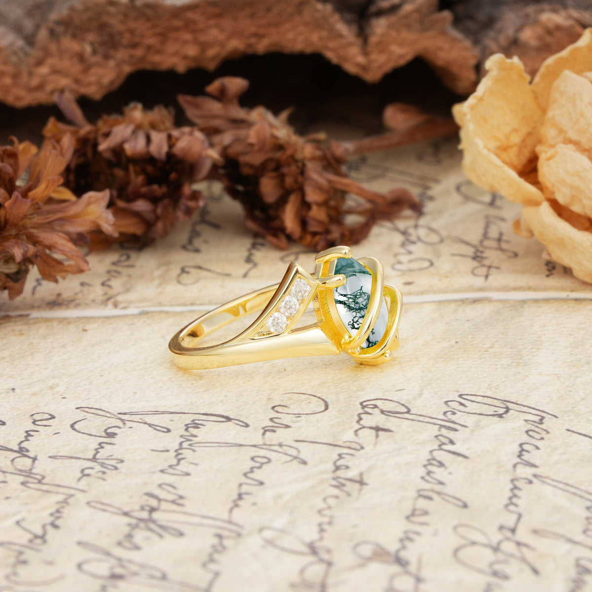 Uniquely Luxurious, Wrapped-Setting, 2-Prong Marquise Cut Moss Agate Engagement Ring - Additional view