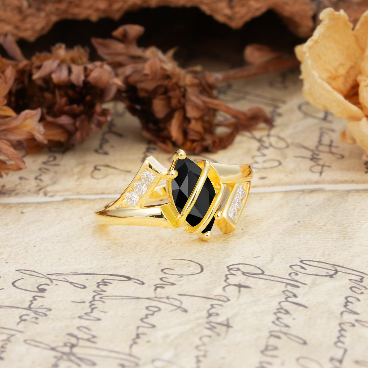 Uniquely Luxurious, Wrapped-Setting, 2-Prong Marquise Cut Black Onyx Engagement Ring - Additional view