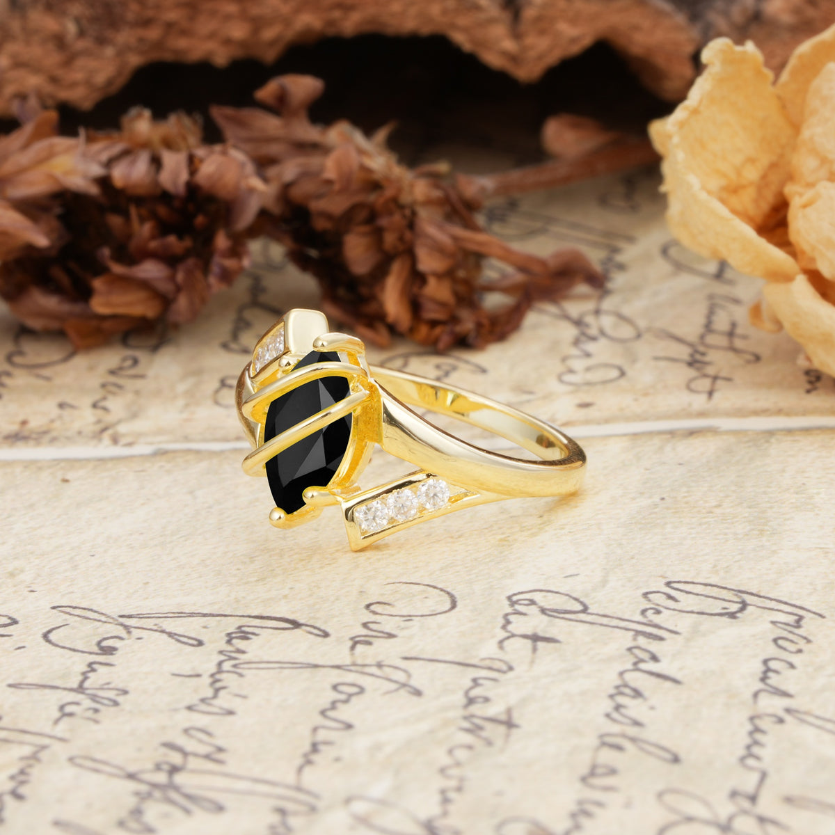 Uniquely Luxurious, Wrapped-Setting, 2-Prong Marquise Cut Black Onyx Engagement Ring - Additional view