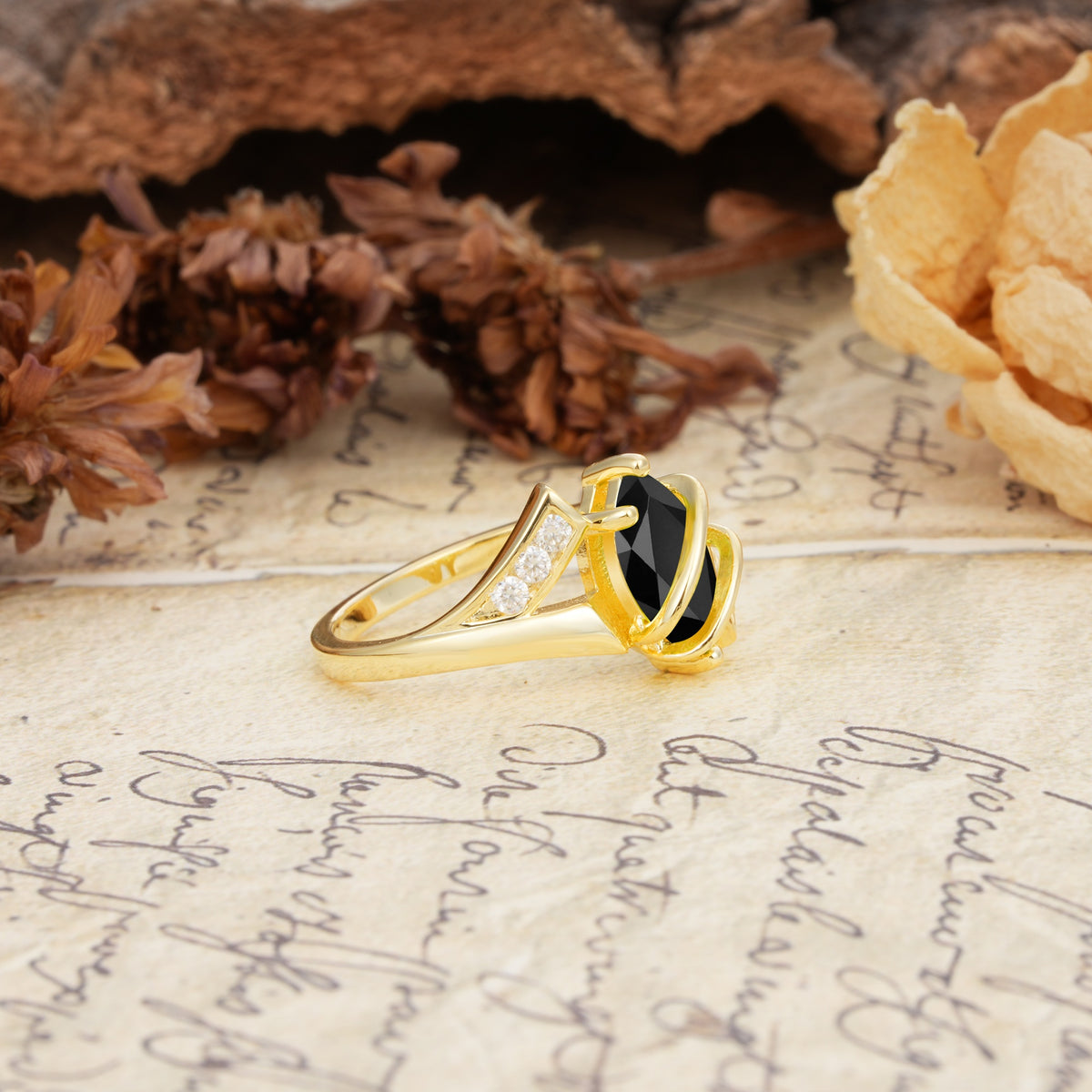 Uniquely Luxurious, Wrapped-Setting, 2-Prong Marquise Cut Black Onyx Engagement Ring - Additional view