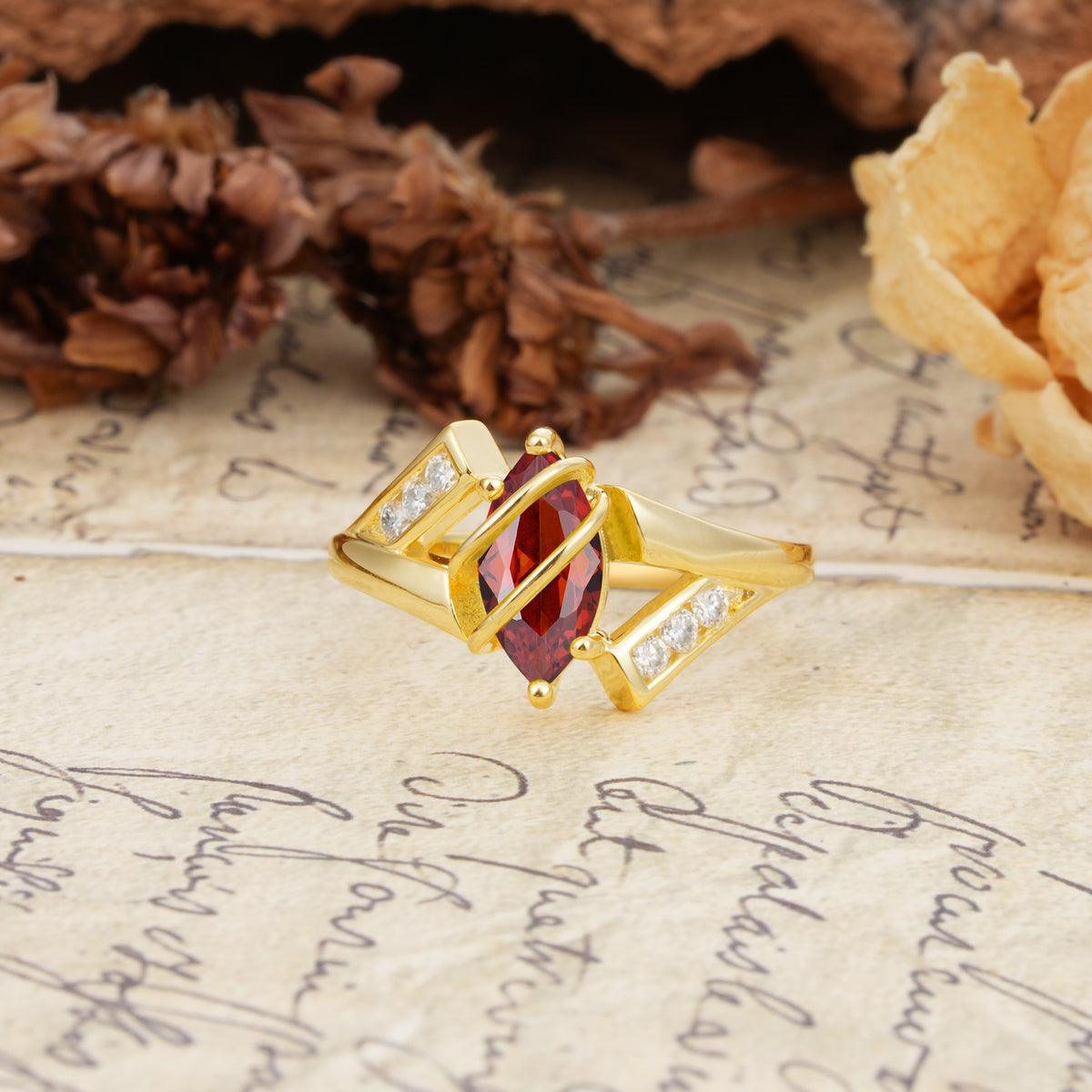 Uniquely Luxurious, Wrapped-Setting, 2-Prong Marquise Cut Garnet Engagement Ring - Additional view