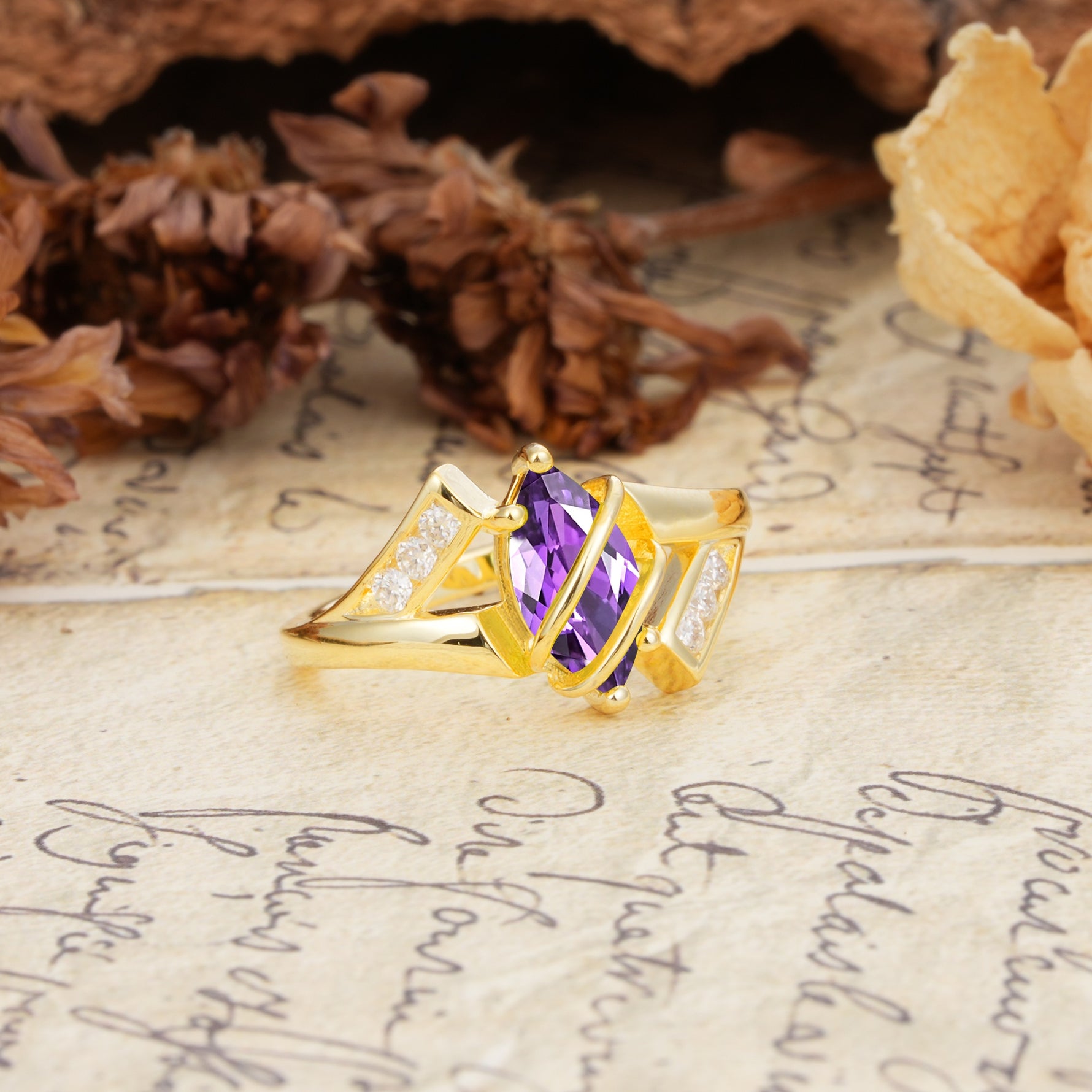 Uniquely Luxurious, Wrapped-Setting, 2-Prong Marquise Cut Amethyst Engagement Ring - Additional view