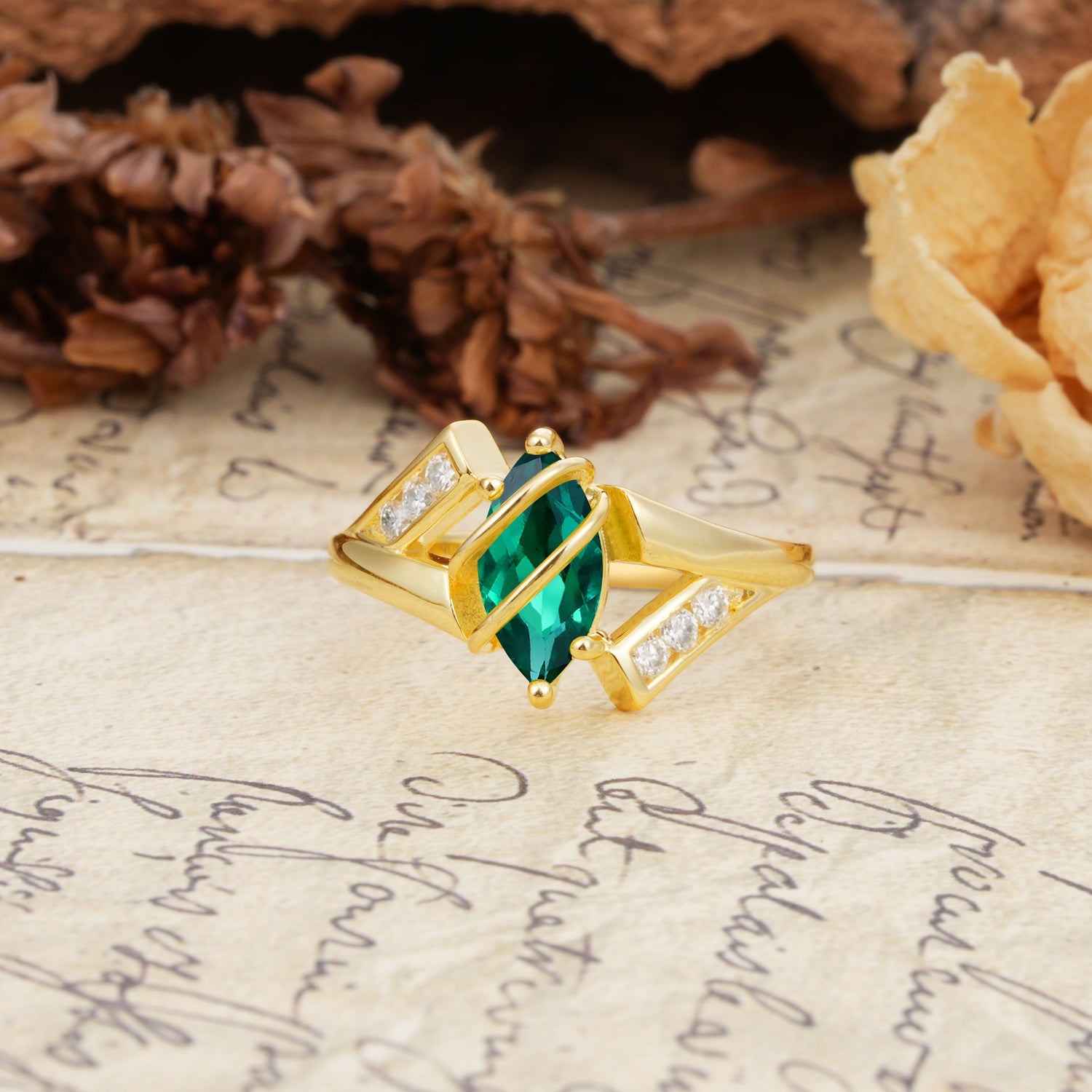 Uniquely Luxurious, Wrapped-Setting, 2-Prong Marquise Cut Emerald Engagement Ring - Additional view