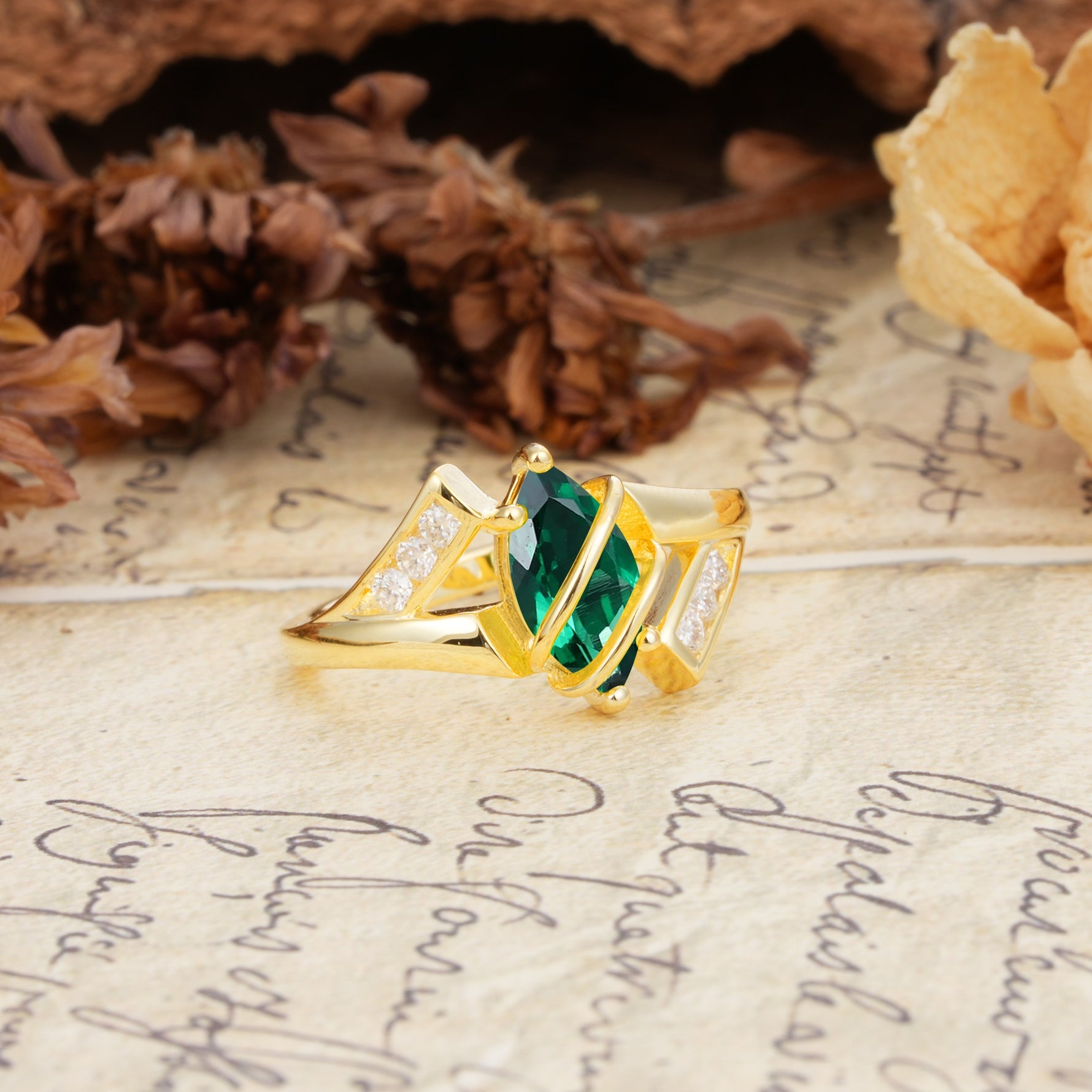 Uniquely Luxurious, Wrapped-Setting, 2-Prong Marquise Cut Emerald Engagement Ring - Additional view