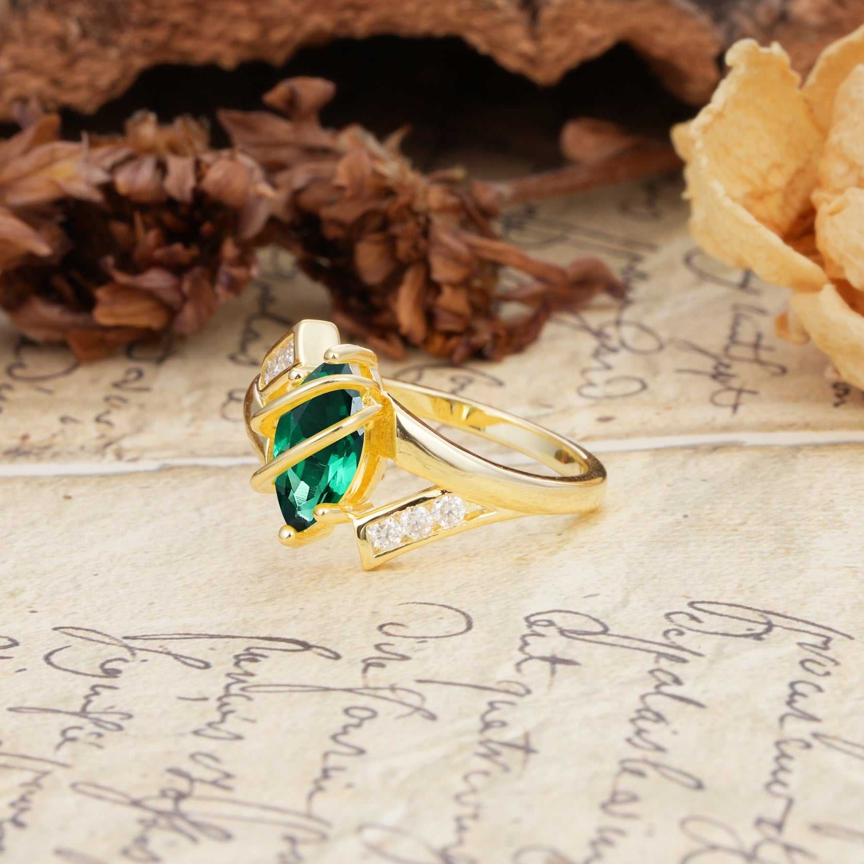 Uniquely Luxurious, Wrapped-Setting, 2-Prong Marquise Cut Emerald Engagement Ring - Additional view