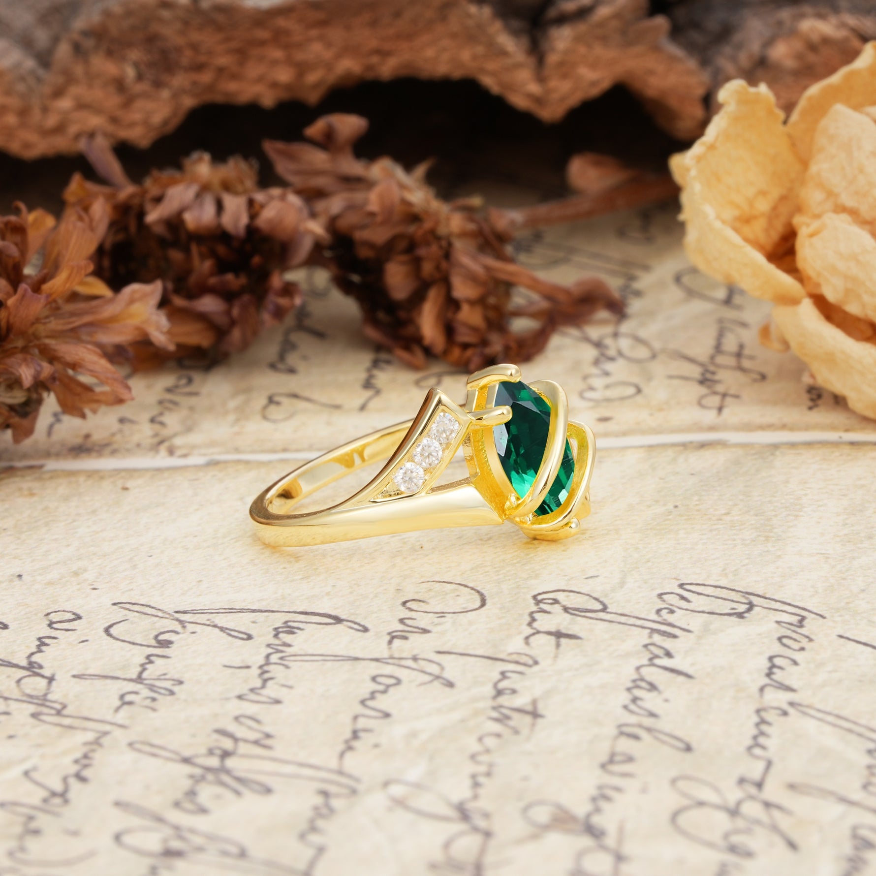 Uniquely Luxurious, Wrapped-Setting, 2-Prong Marquise Cut Emerald Engagement Ring - Additional view