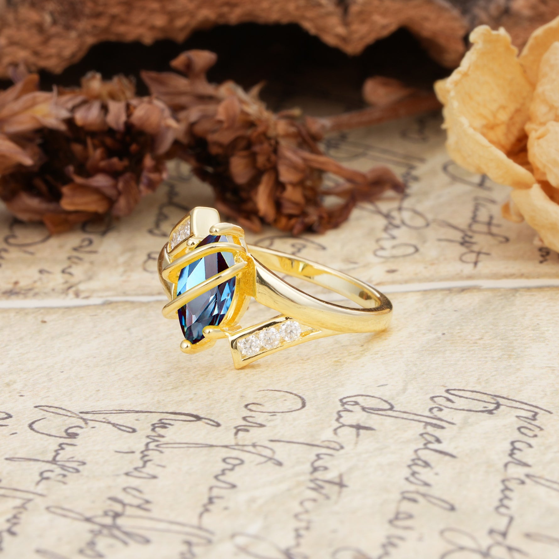 Uniquely Luxurious, Wrapped-Setting, 2-Prong Marquise Cut Alexandrite Engagement Ring - Additional view