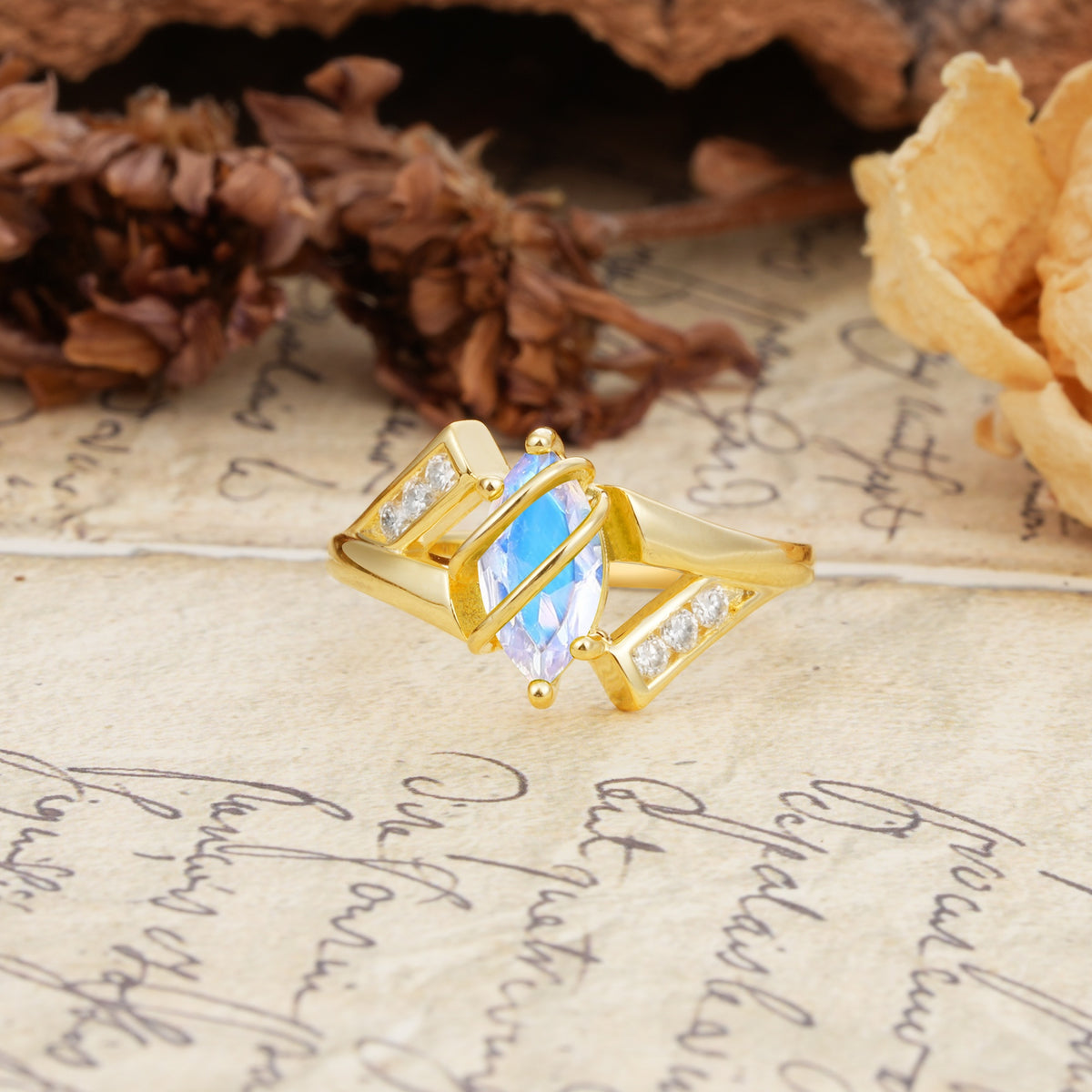 Uniquely Luxurious, Wrapped-Setting, 2-Prong Marquise Cut Moonstone Engagement Ring - Additional view