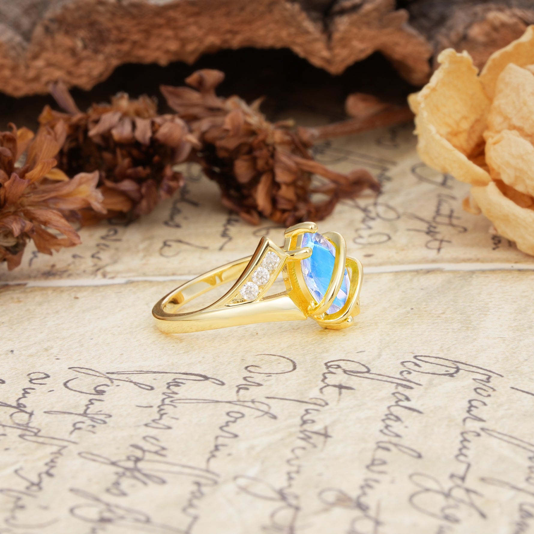 Uniquely Luxurious, Wrapped-Setting, 2-Prong Marquise Cut Moonstone Engagement Ring - Additional view