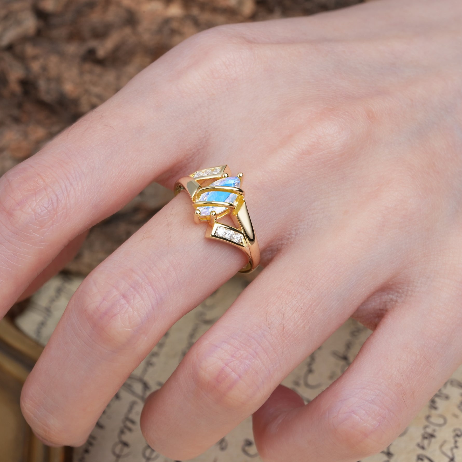 Uniquely Luxurious, Wrapped-Setting, 2-Prong Marquise Cut Moonstone Engagement Ring - Additional view