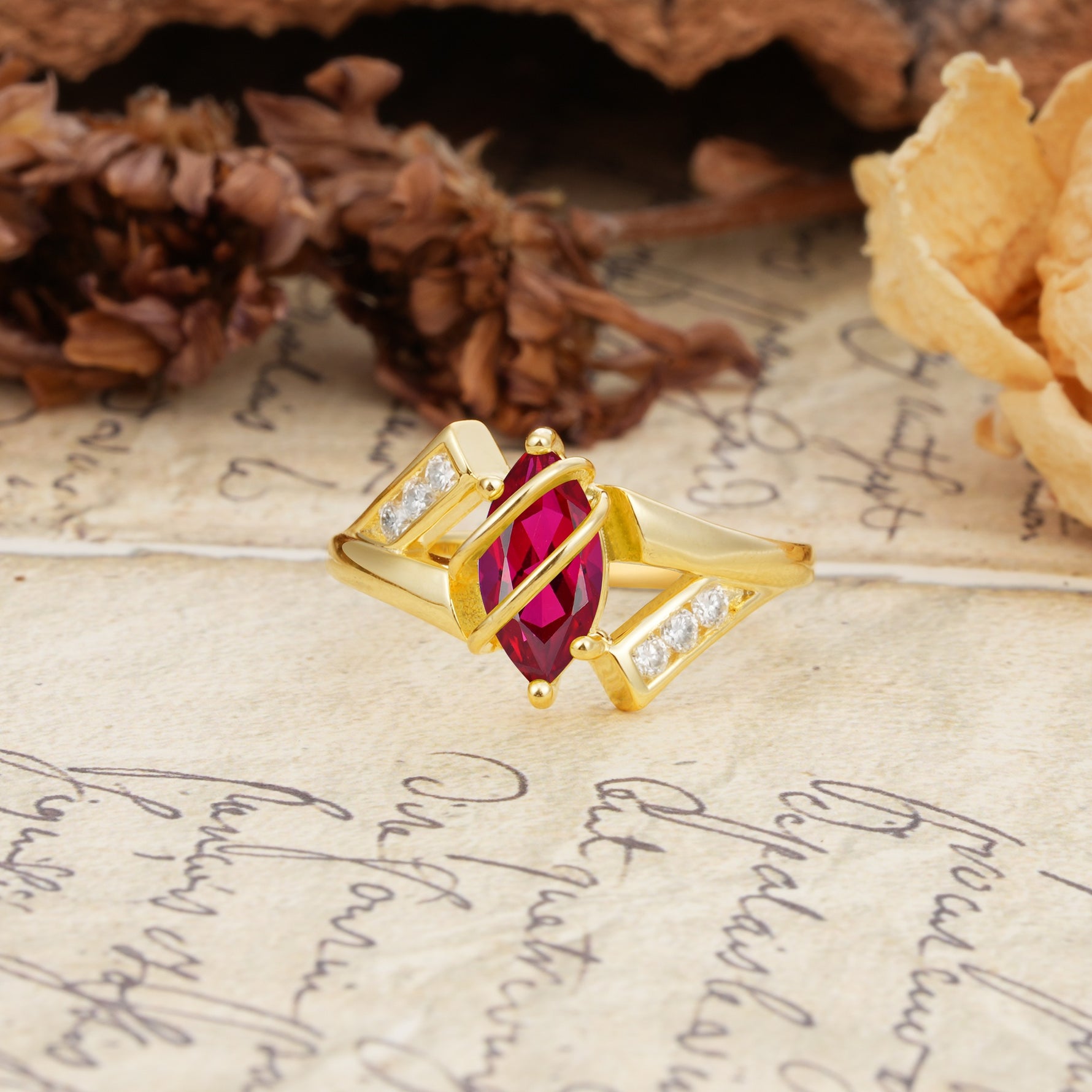 Uniquely Luxurious, Wrapped-Setting, 2-Prong Marquise Cut Ruby Engagement Ring - Additional view