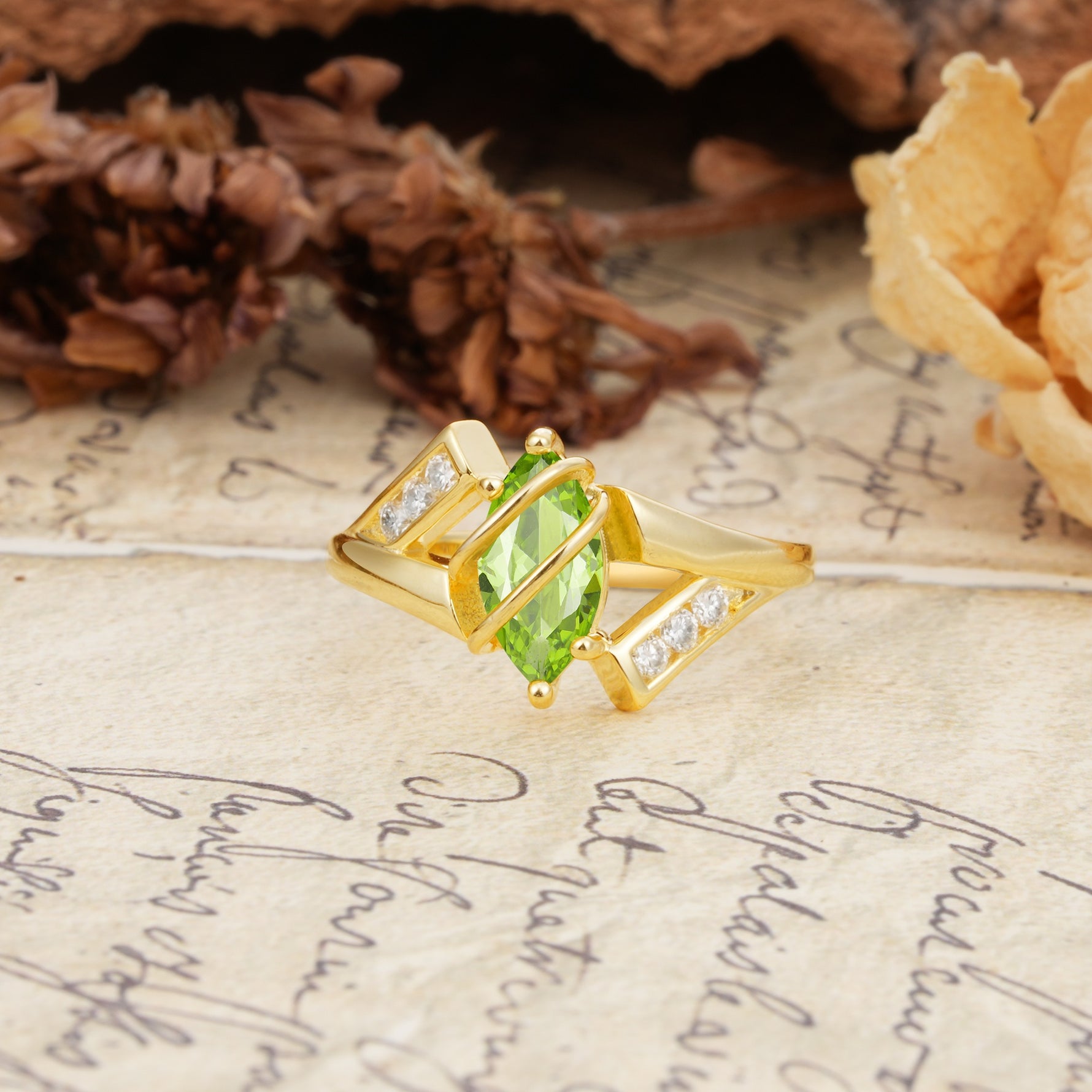 Uniquely Luxurious, Wrapped-Setting, 2-Prong Marquise Cut Peridot Engagement Ring - Additional view