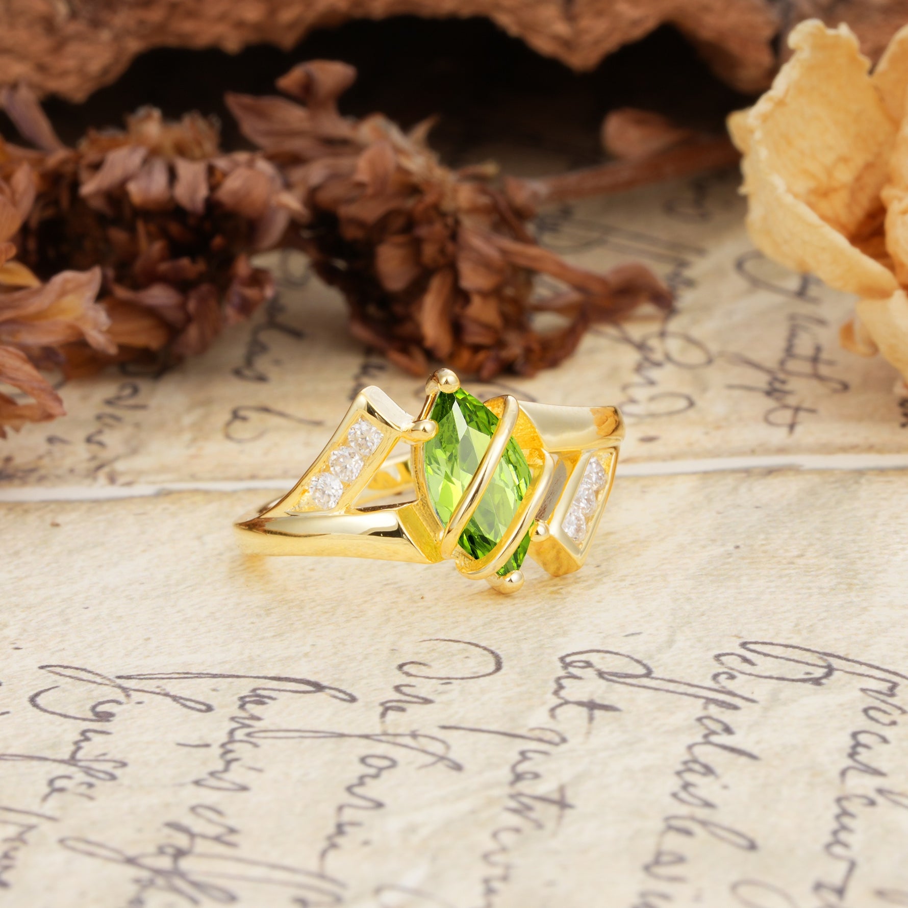 Uniquely Luxurious, Wrapped-Setting, 2-Prong Marquise Cut Peridot Engagement Ring - Additional view