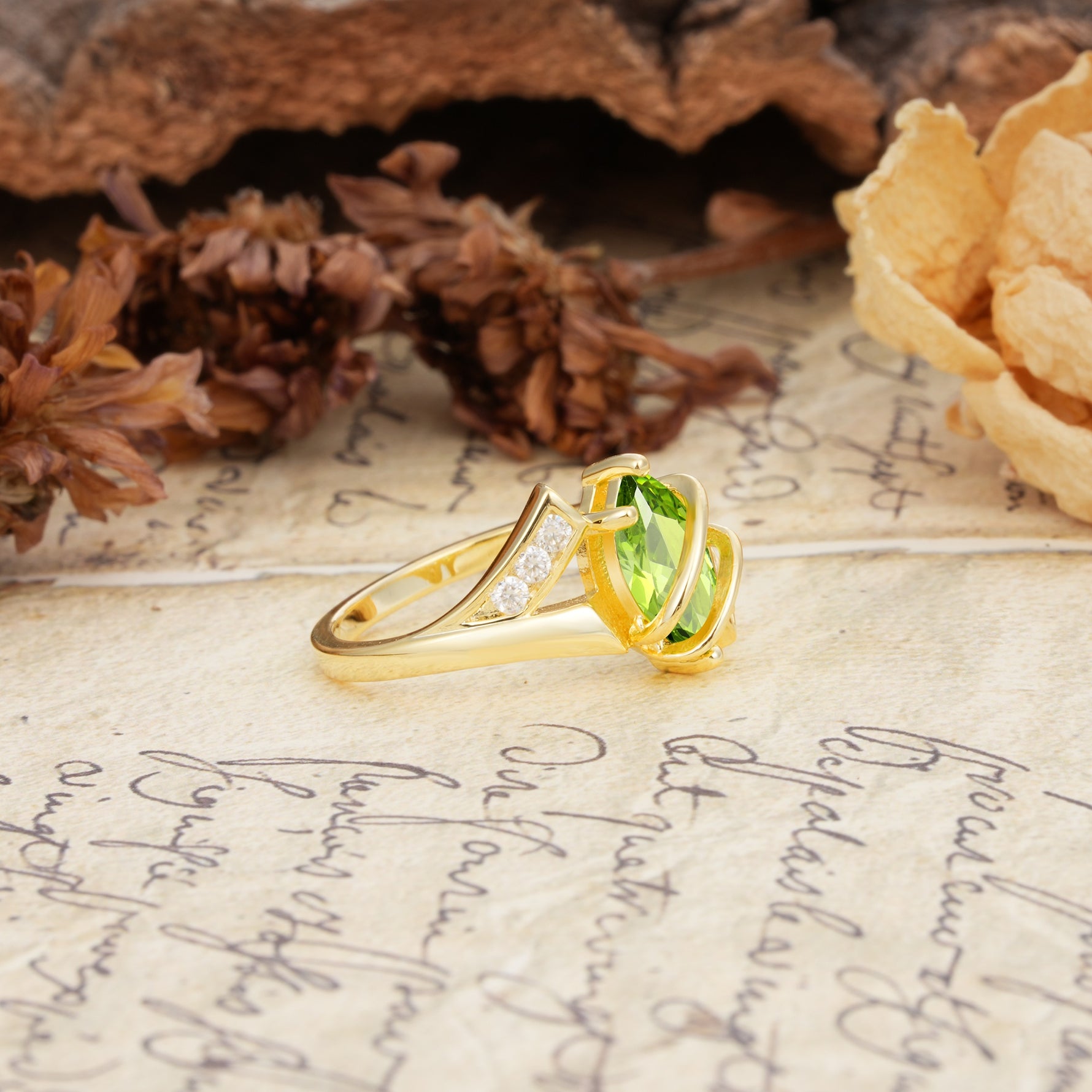 Uniquely Luxurious, Wrapped-Setting, 2-Prong Marquise Cut Peridot Engagement Ring - Additional view
