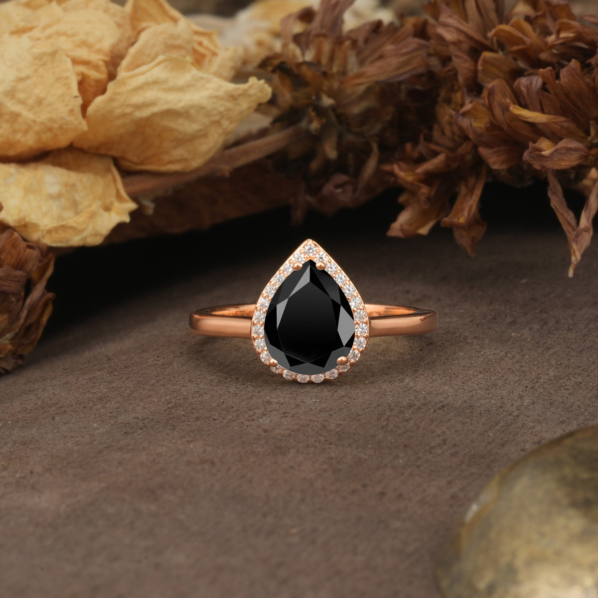 Luxurious and Unique 4-Prong Pear Cut Black Onyx Engagement Ring - Additional view