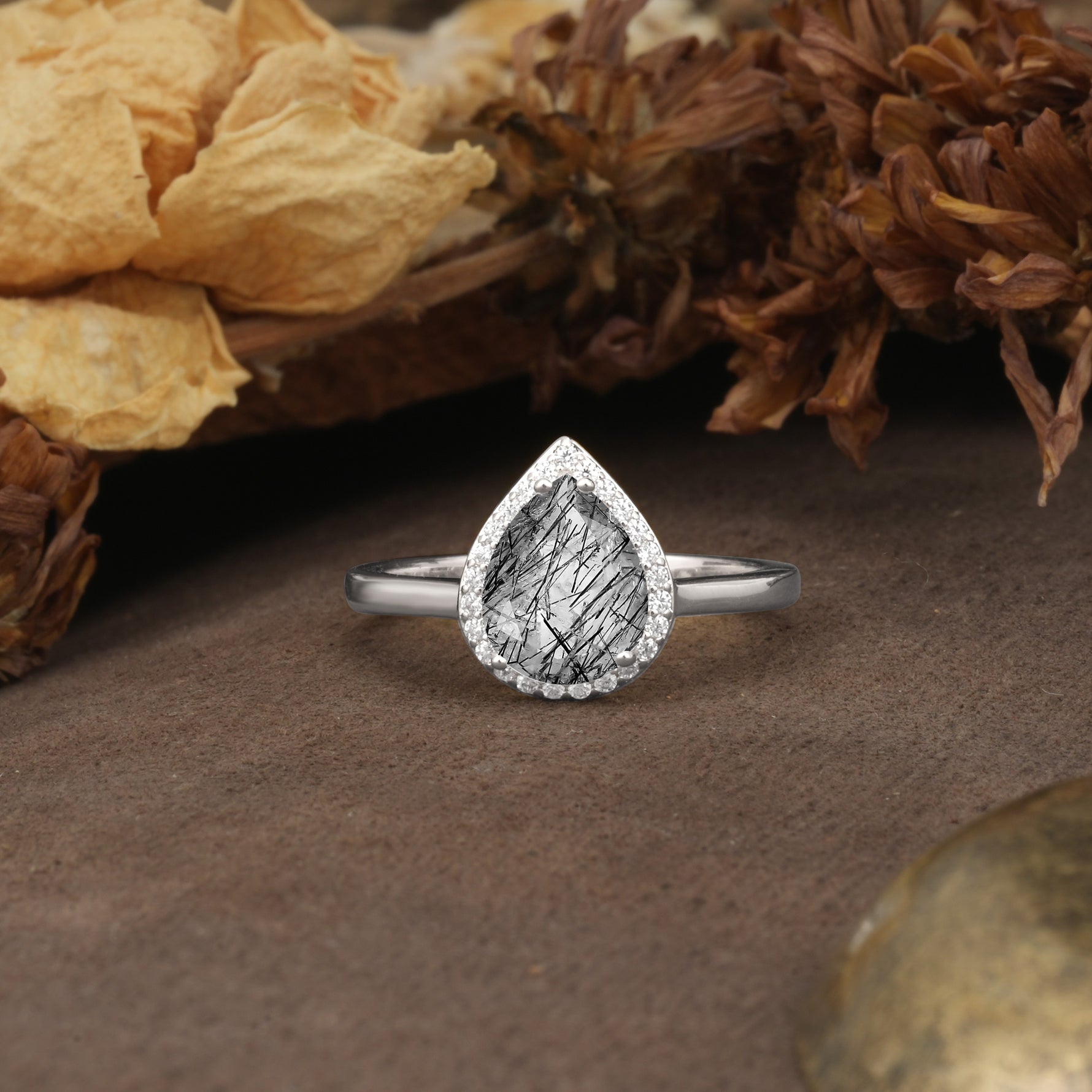 Luxurious and Unique 4-Prong Pear Cut Black Rutilated Quartz Engagement Ring - Additional view