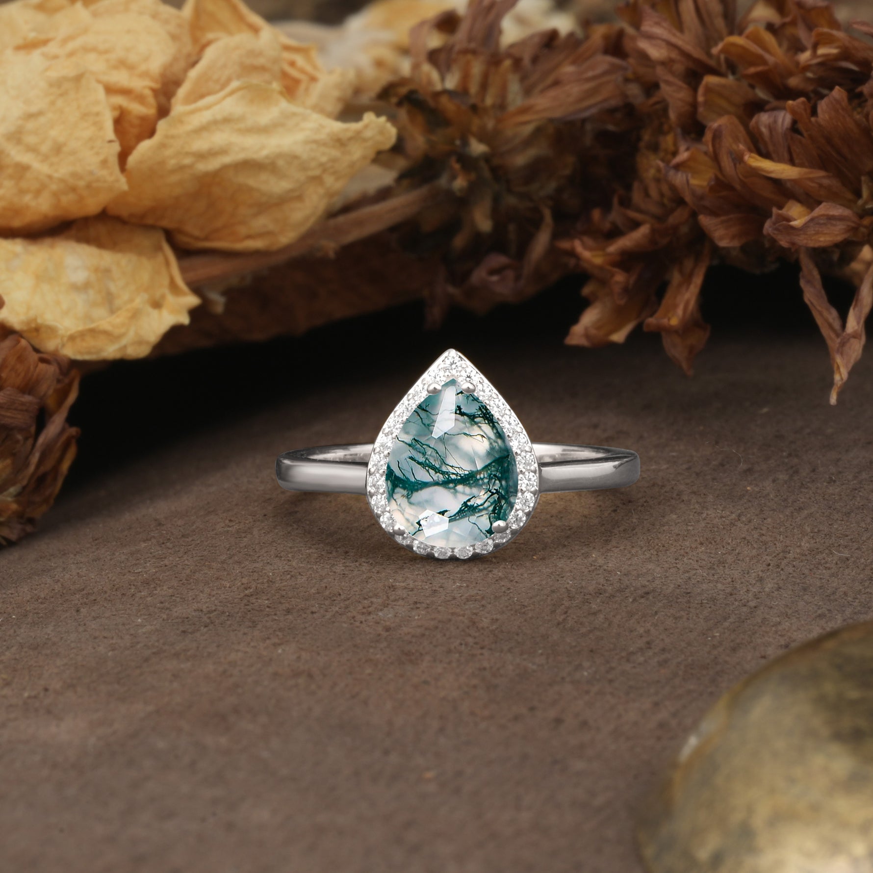 Luxurious and Unique 4-Prong Pear Cut Moss Agate Engagement Ring - Additional view