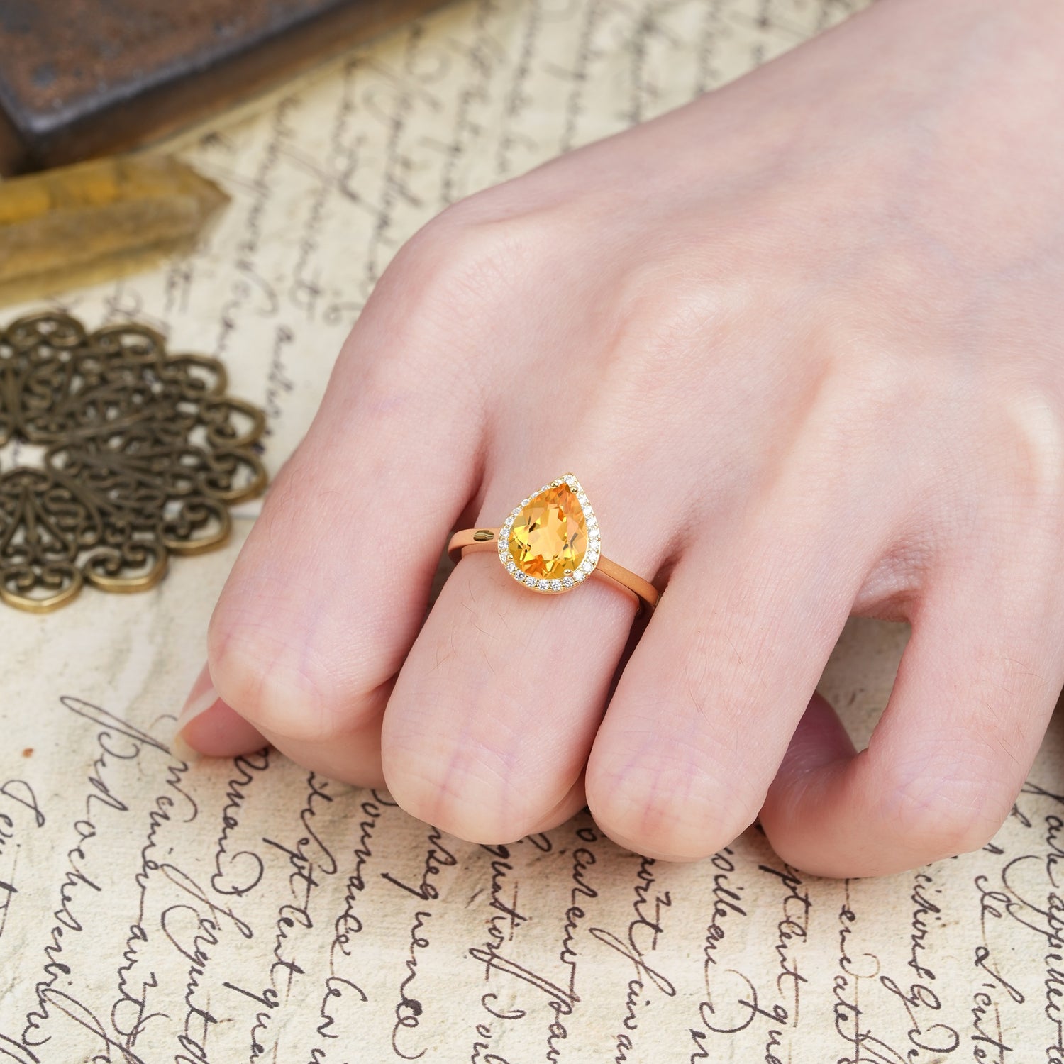 Luxurious and Unique 4-Prong Pear Cut Citrine Engagement Ring - Additional view