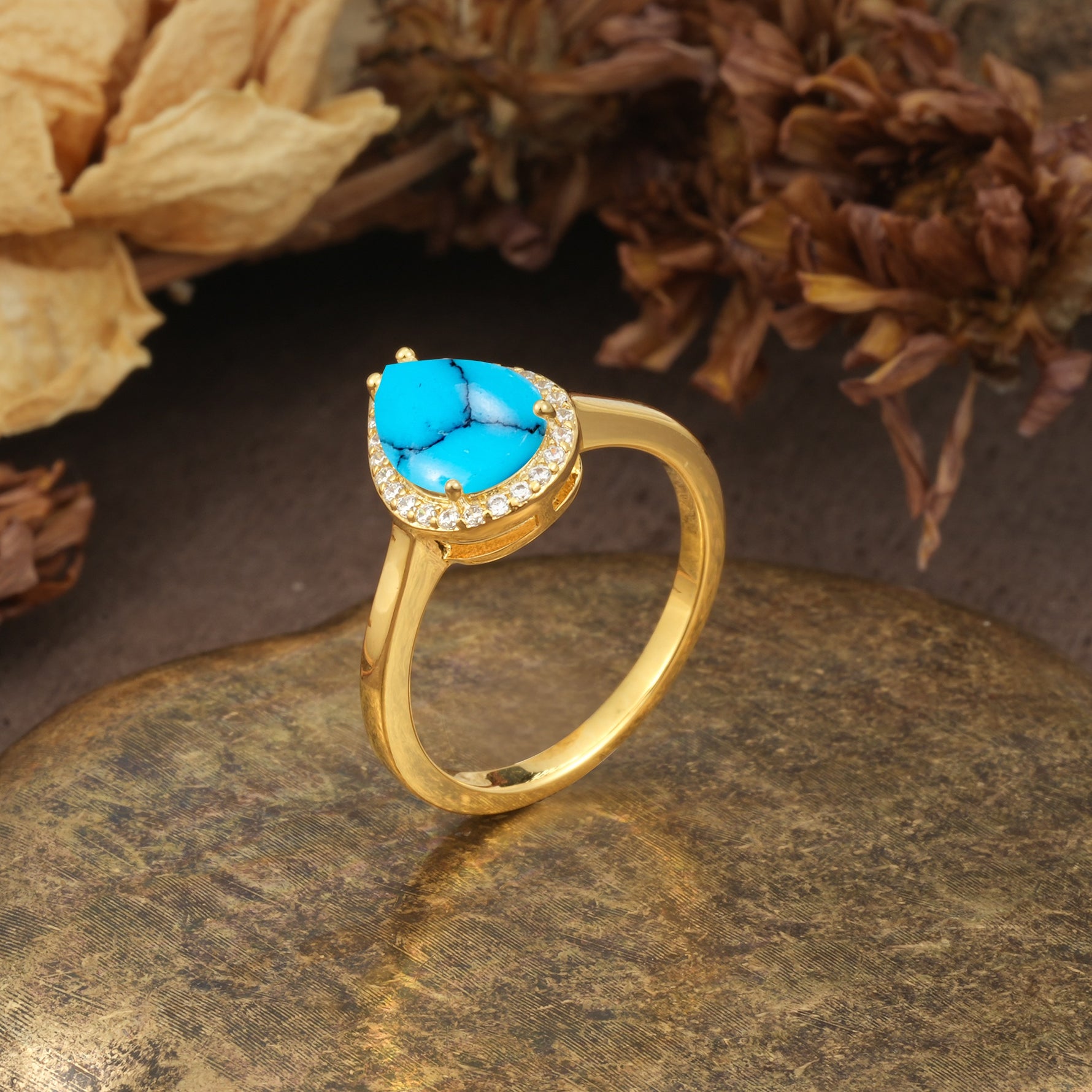 Luxurious and Unique 4-Prong Pear Cut Turquoise Engagement Ring - Additional view