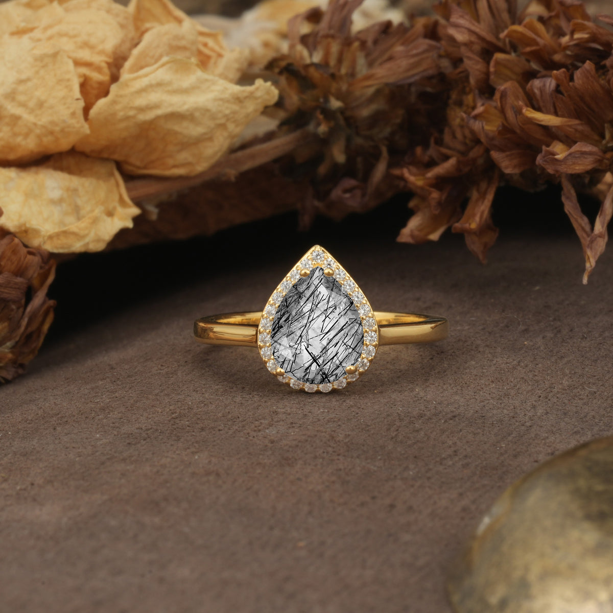 Luxurious and Unique 4-Prong Pear Cut Black Rutilated Quartz Engagement Ring - Additional view