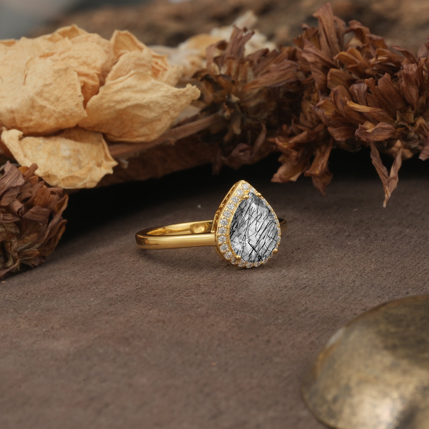 Luxurious and Unique 4-Prong Pear Cut Black Rutilated Quartz Engagement Ring - Additional view