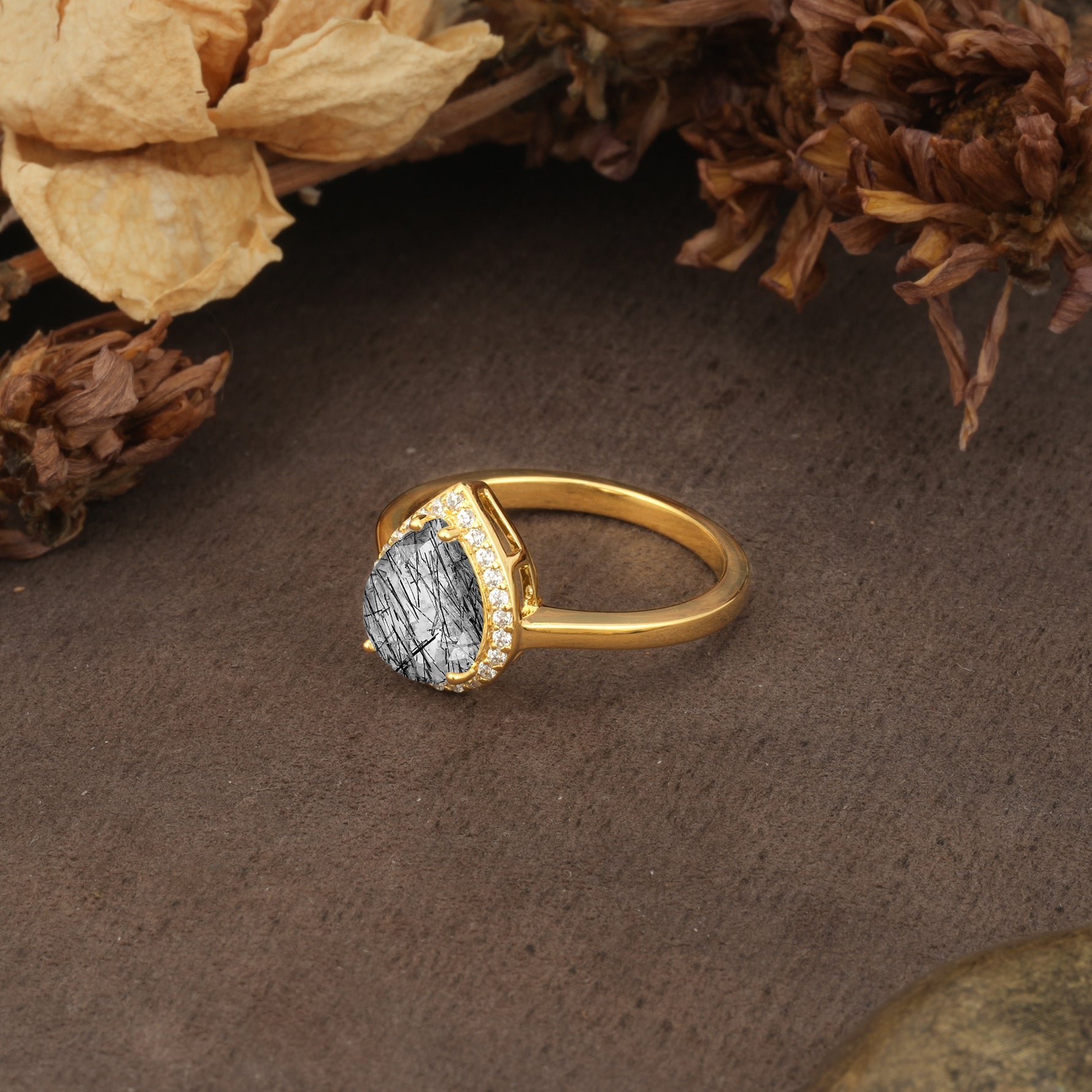 Luxurious and Unique 4-Prong Pear Cut Black Rutilated Quartz Engagement Ring - Additional view