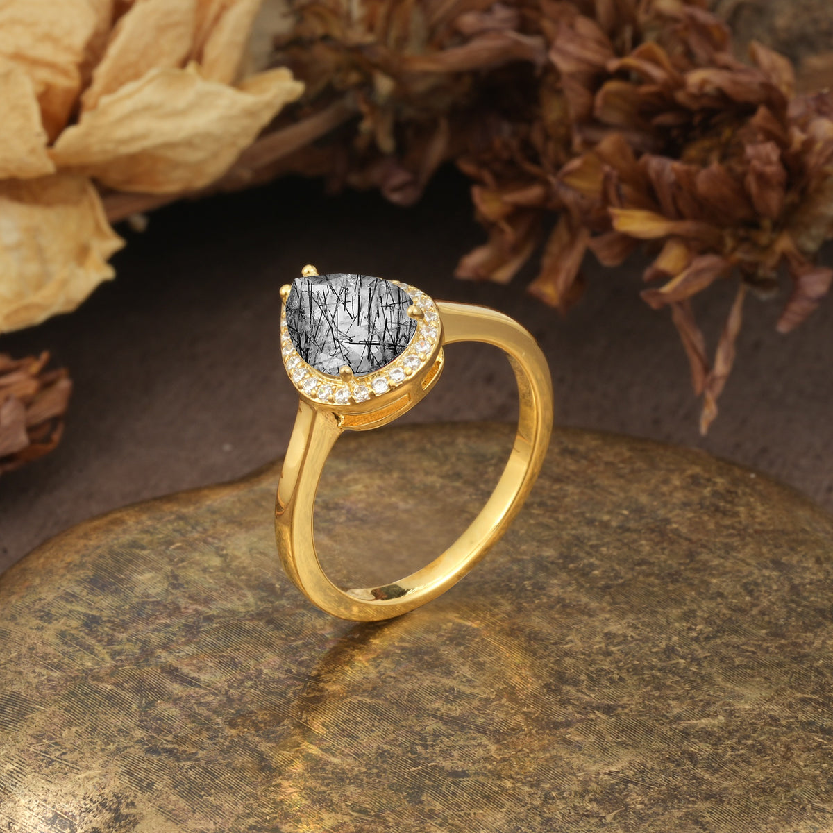 Luxurious and Unique 4-Prong Pear Cut Black Rutilated Quartz Engagement Ring - Additional view