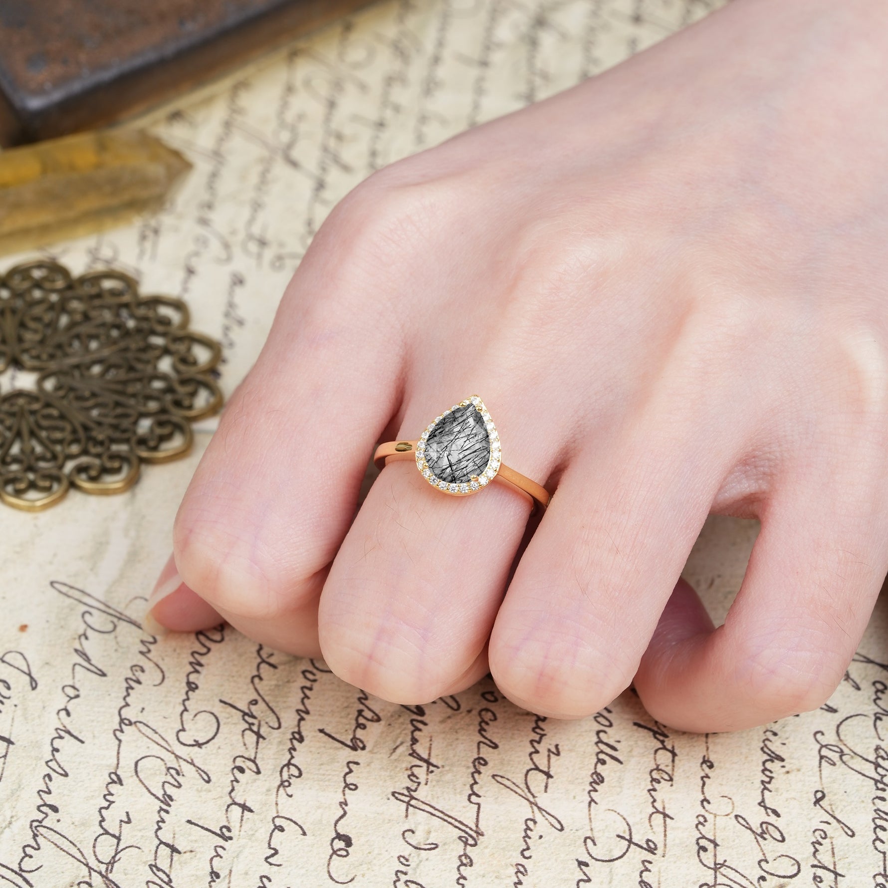 Luxurious and Unique 4-Prong Pear Cut Black Rutilated Quartz Engagement Ring - Additional view