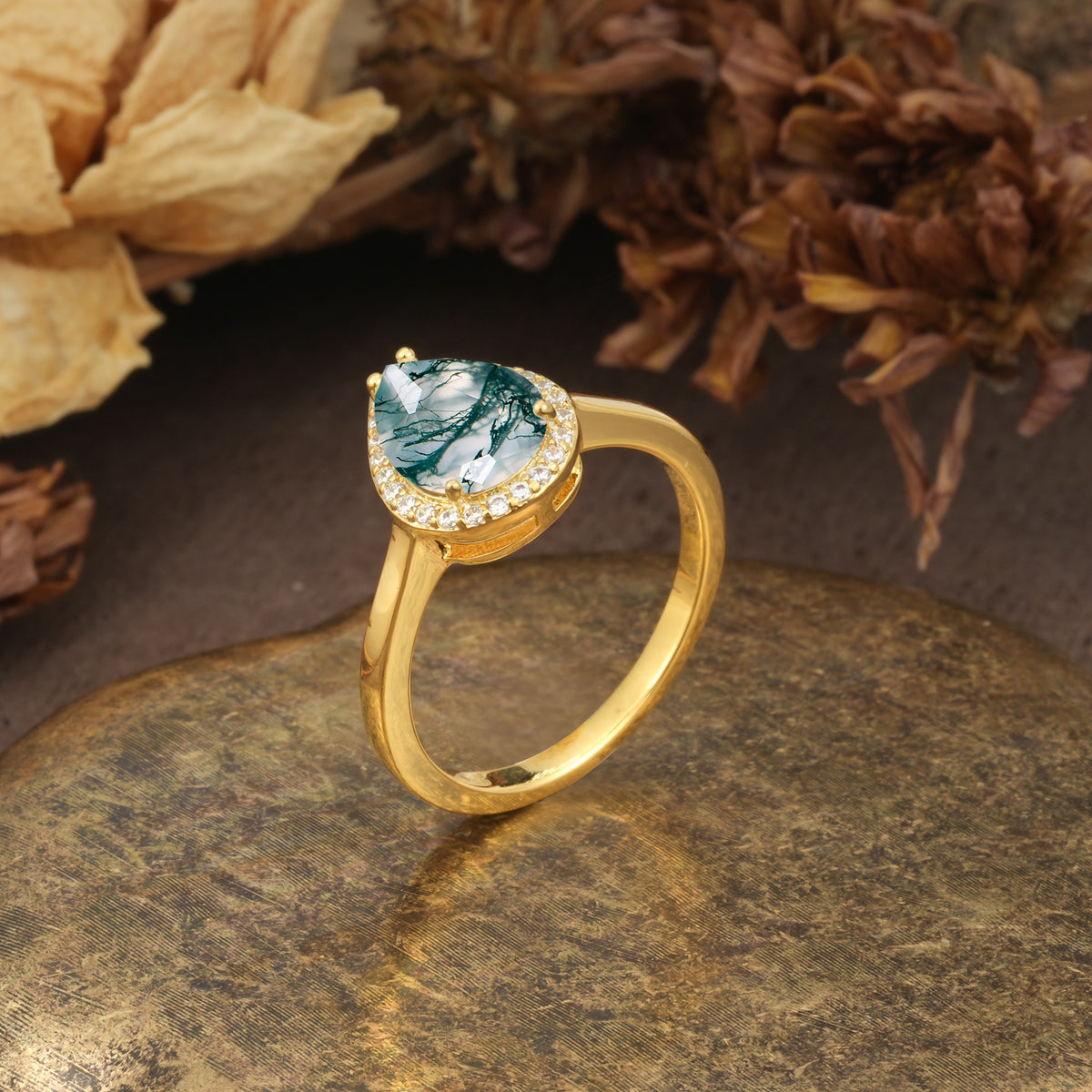 Luxurious and Unique 4-Prong Pear Cut Moss Agate Engagement Ring - Additional view