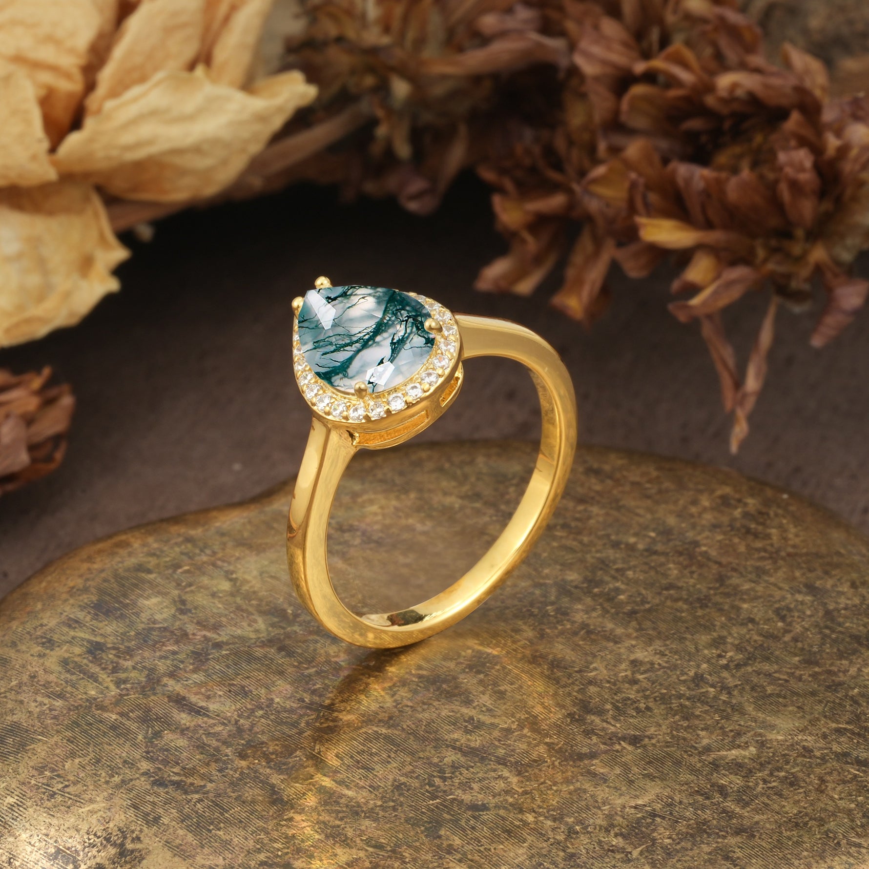 Luxurious and Unique 4-Prong Pear Cut Moss Agate Engagement Ring - Additional view