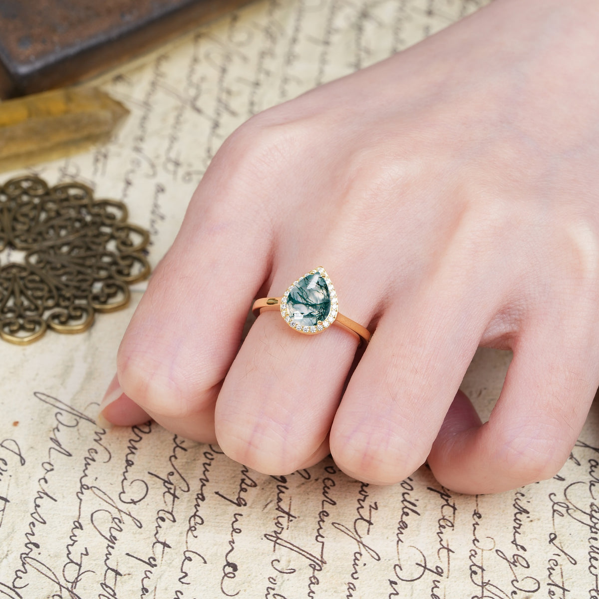 Luxurious and Unique 4-Prong Pear Cut Moss Agate Engagement Ring - Additional view