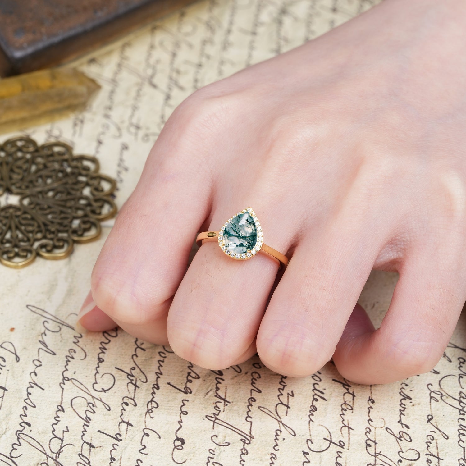Luxurious and Unique 4-Prong Pear Cut Moss Agate Engagement Ring - Additional view