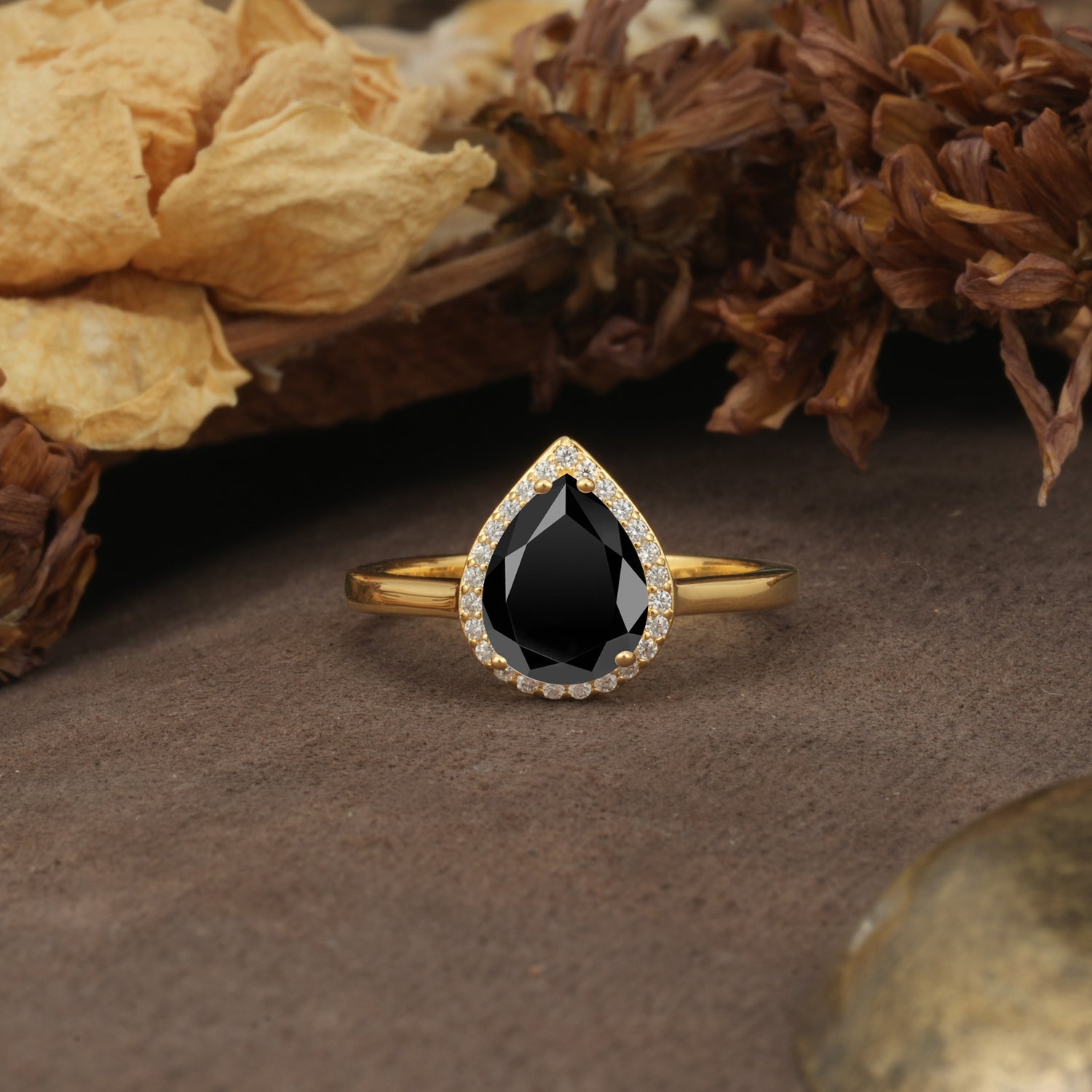 Luxurious and Unique 4-Prong Pear Cut Black Onyx Engagement Ring - Additional view