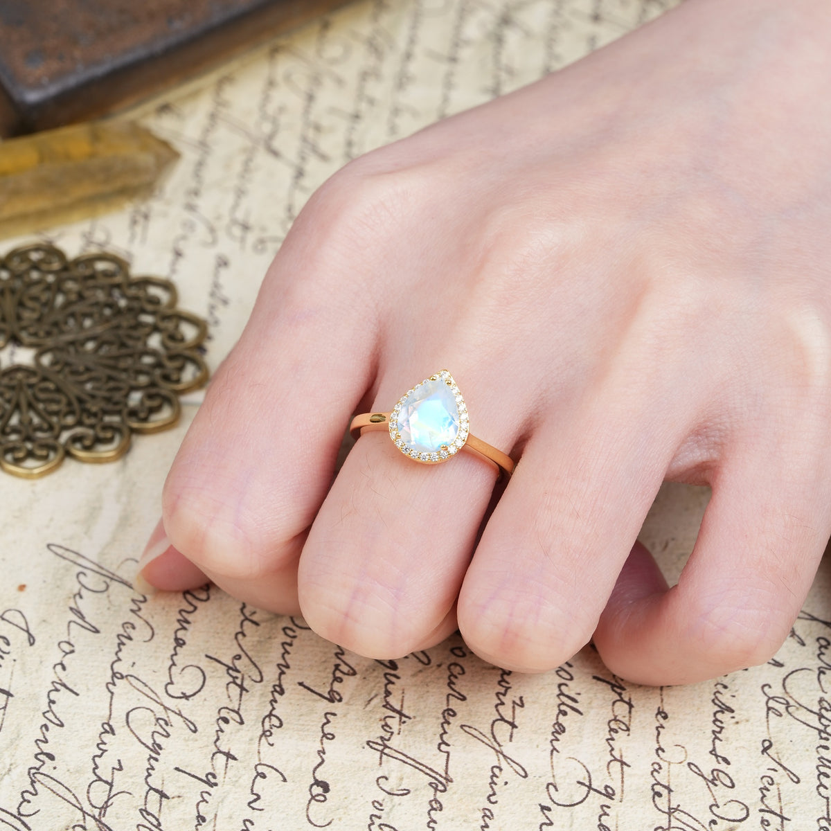 Luxurious and Unique 4-Prong Pear Cut Moonstone Engagement Ring - Additional view