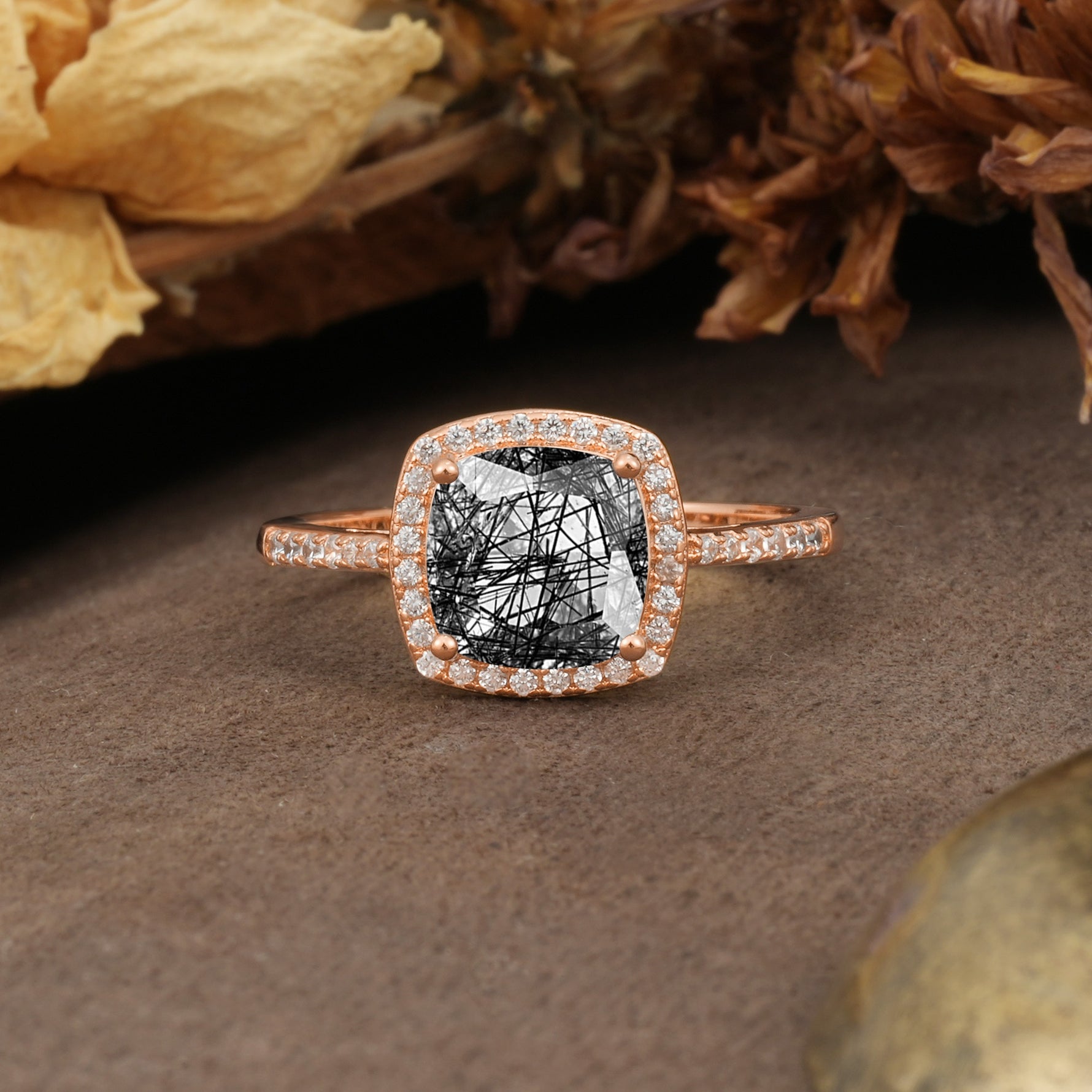 Luxurious and Unique 4-Prong Princess Cut  Black Rutilated Quartz Engagement Ring - Additional view