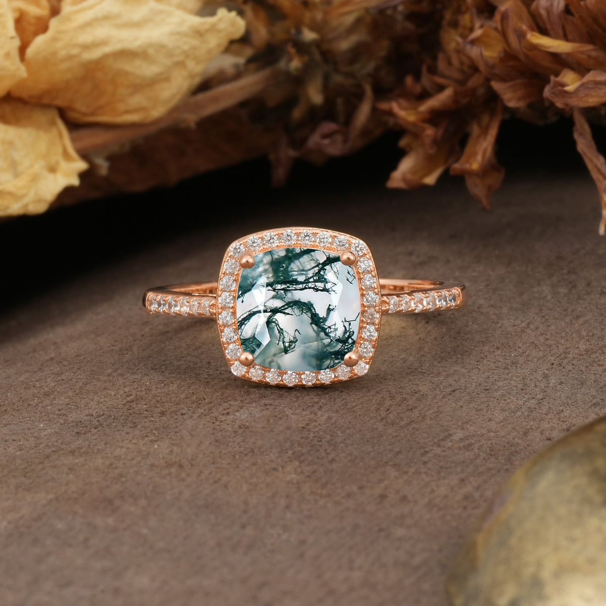 Luxurious and Unique 4-Prong Princess Cut  Moss Agate Engagement Ring - Additional view