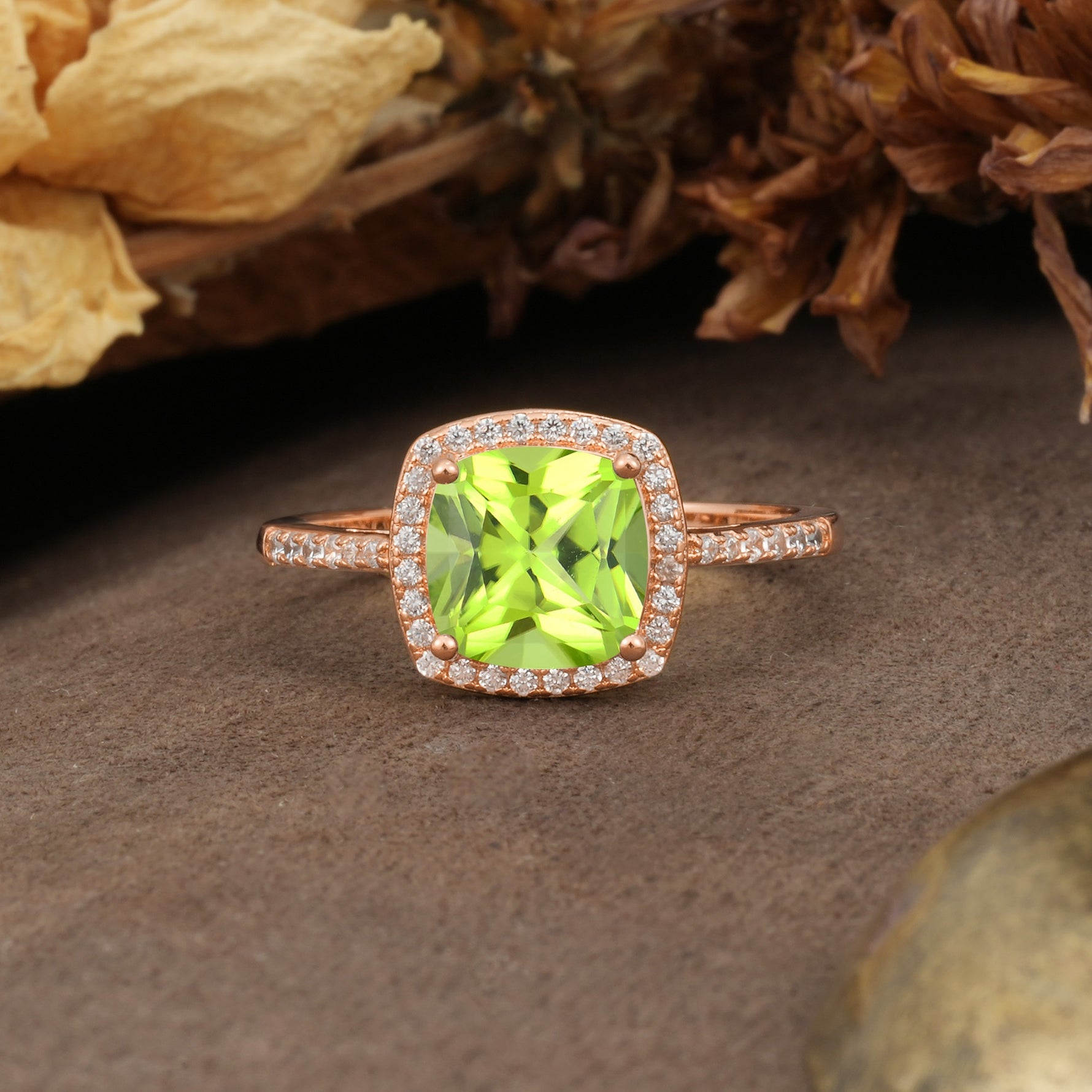 Luxurious and Unique 4-Prong Princess Cut  Peridot Engagement Ring - Additional view