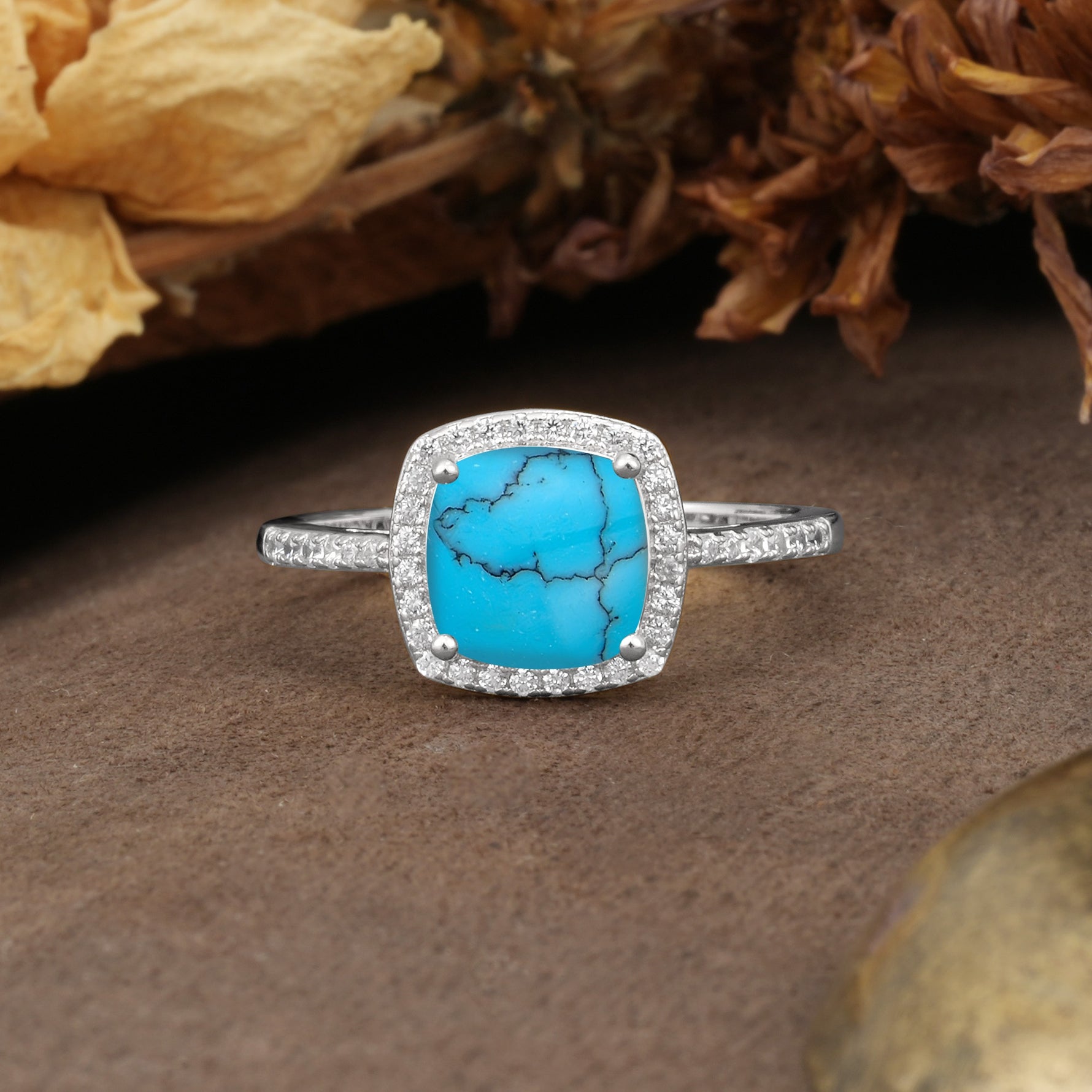 Luxurious and Unique 4-Prong Princess Cut  Turquoise Engagement Ring - Additional view