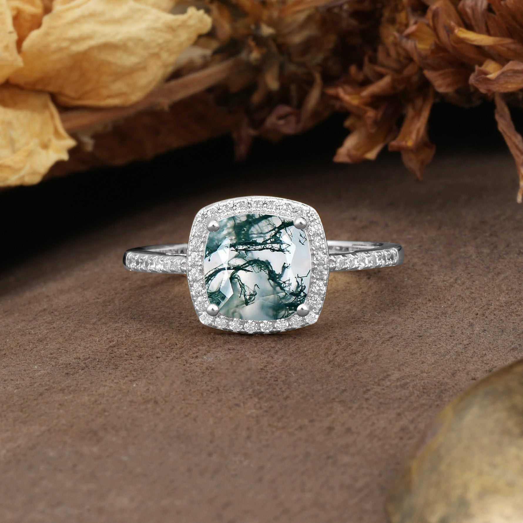 Luxurious and Unique 4-Prong Princess Cut  Moss Agate Engagement Ring - Additional view