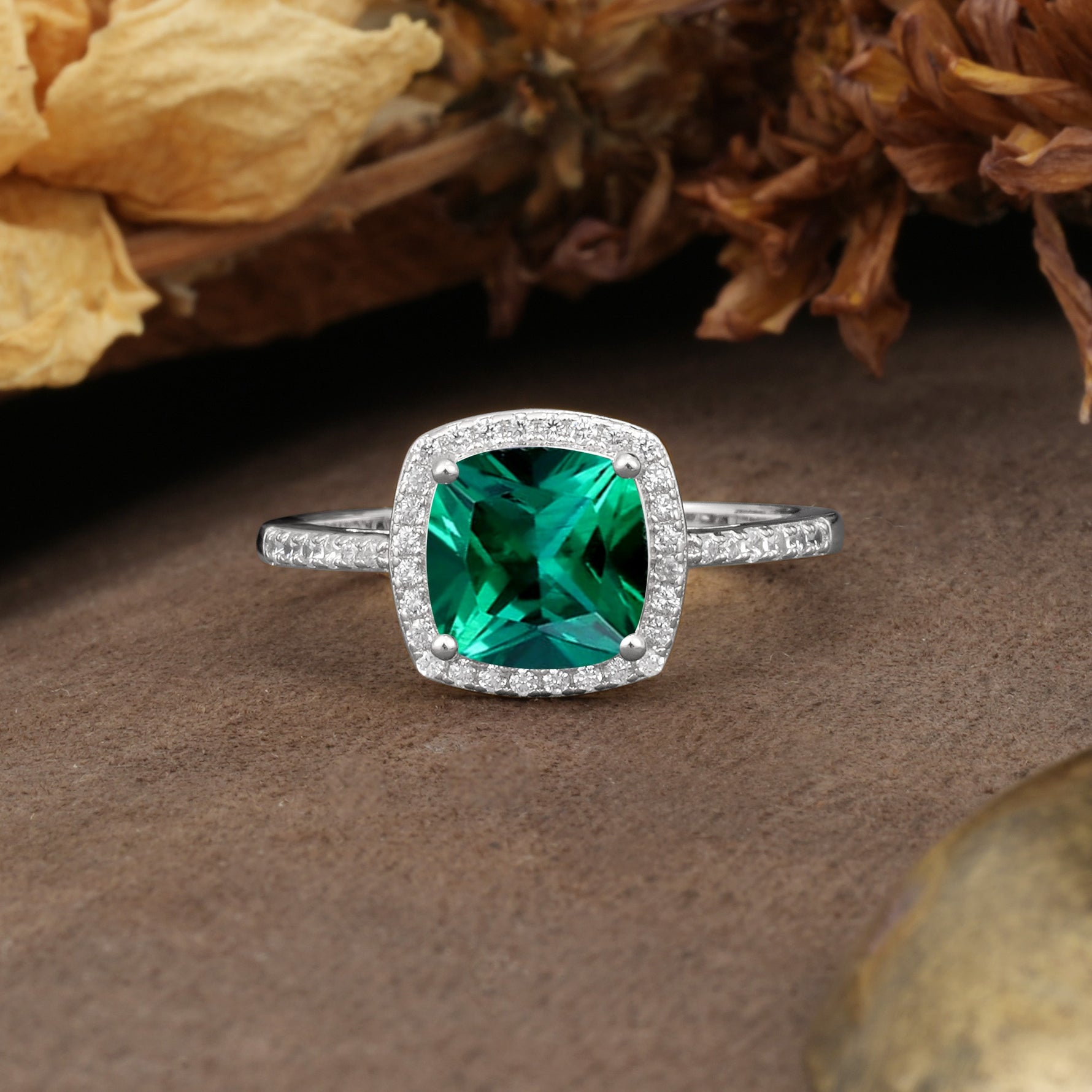 Luxurious and Unique 4-Prong Princess Cut  Emerald Engagement Ring - Additional view