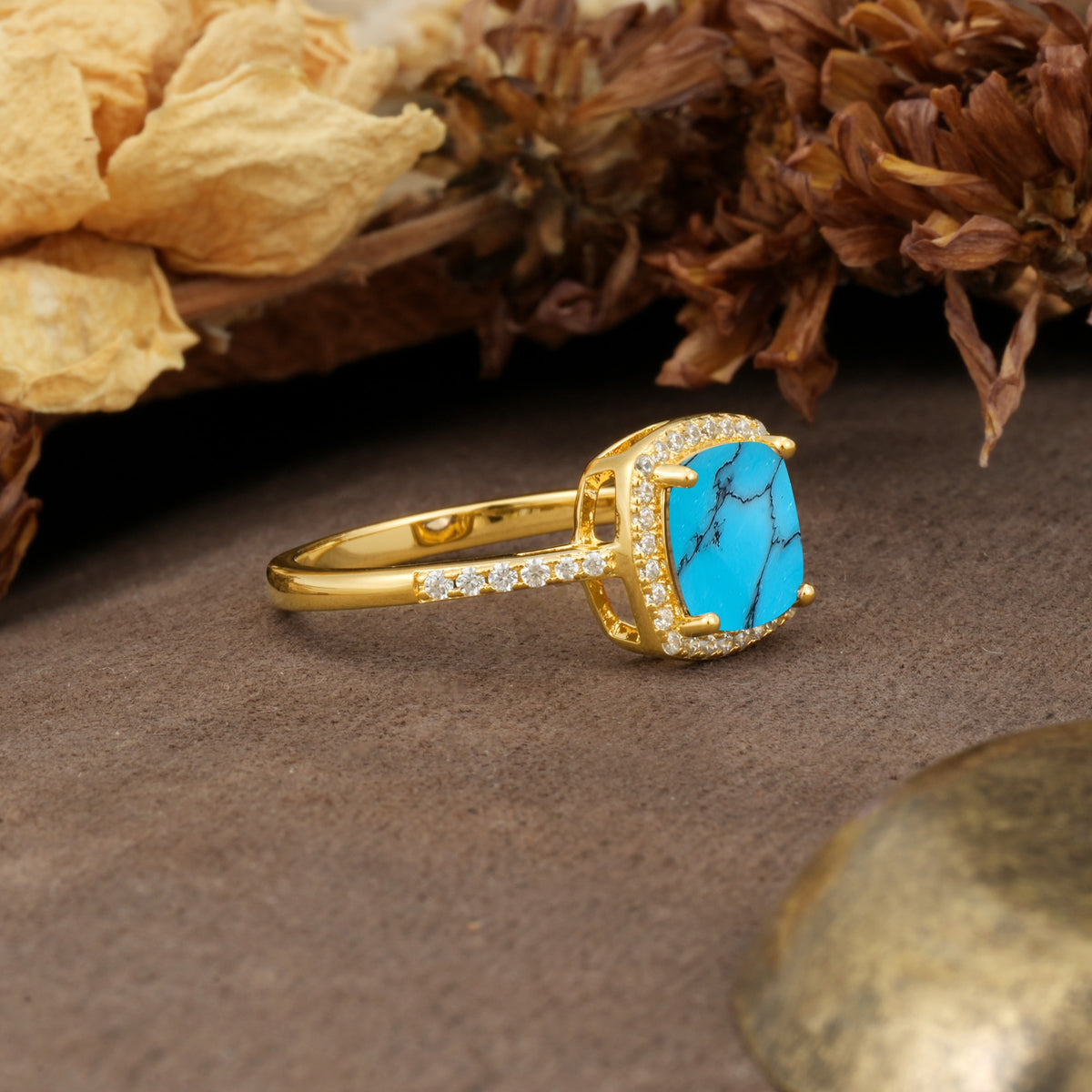Luxurious and Unique 4-Prong Princess Cut  Turquoise Engagement Ring - Additional view
