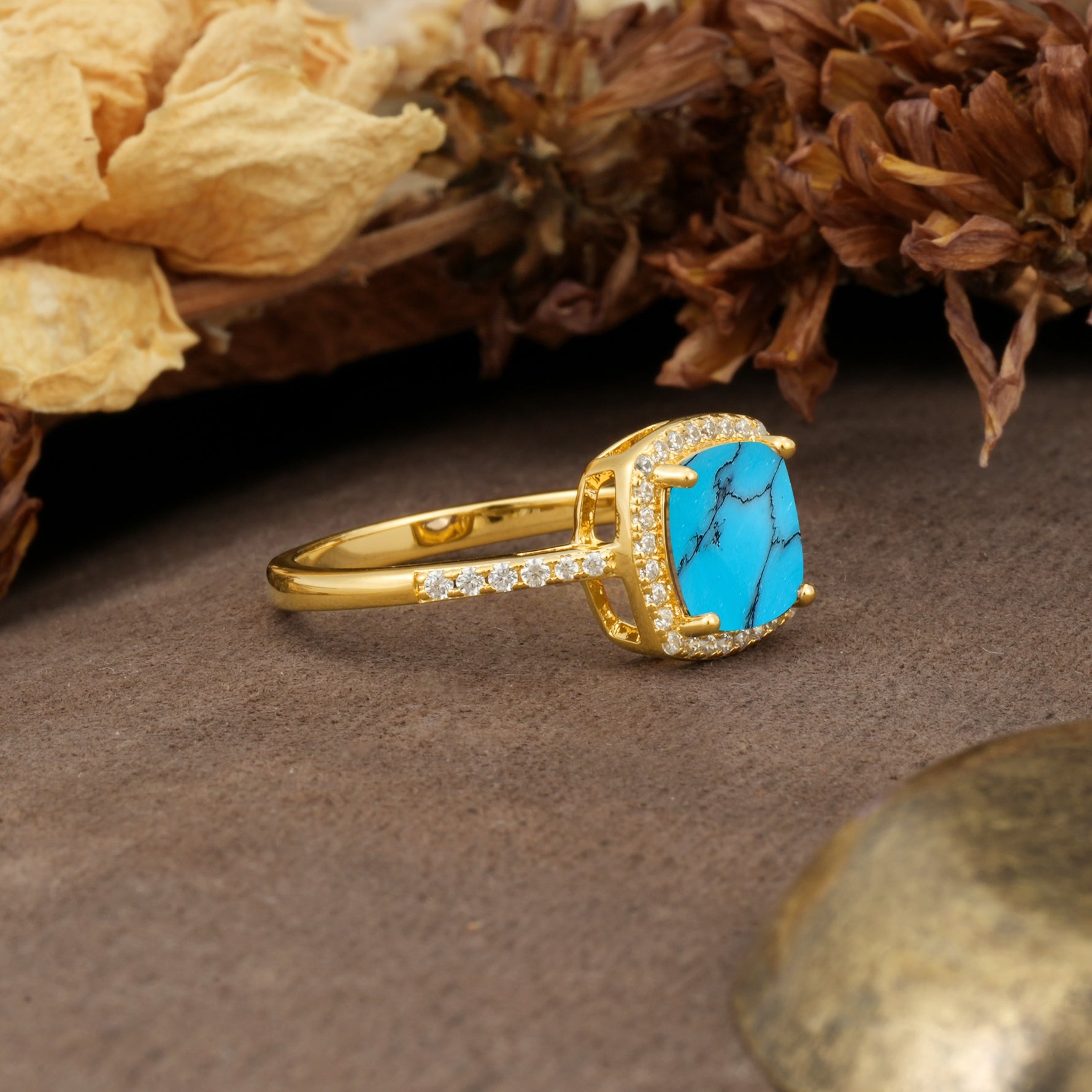 Luxurious and Unique 4-Prong Princess Cut  Turquoise Engagement Ring - Additional view